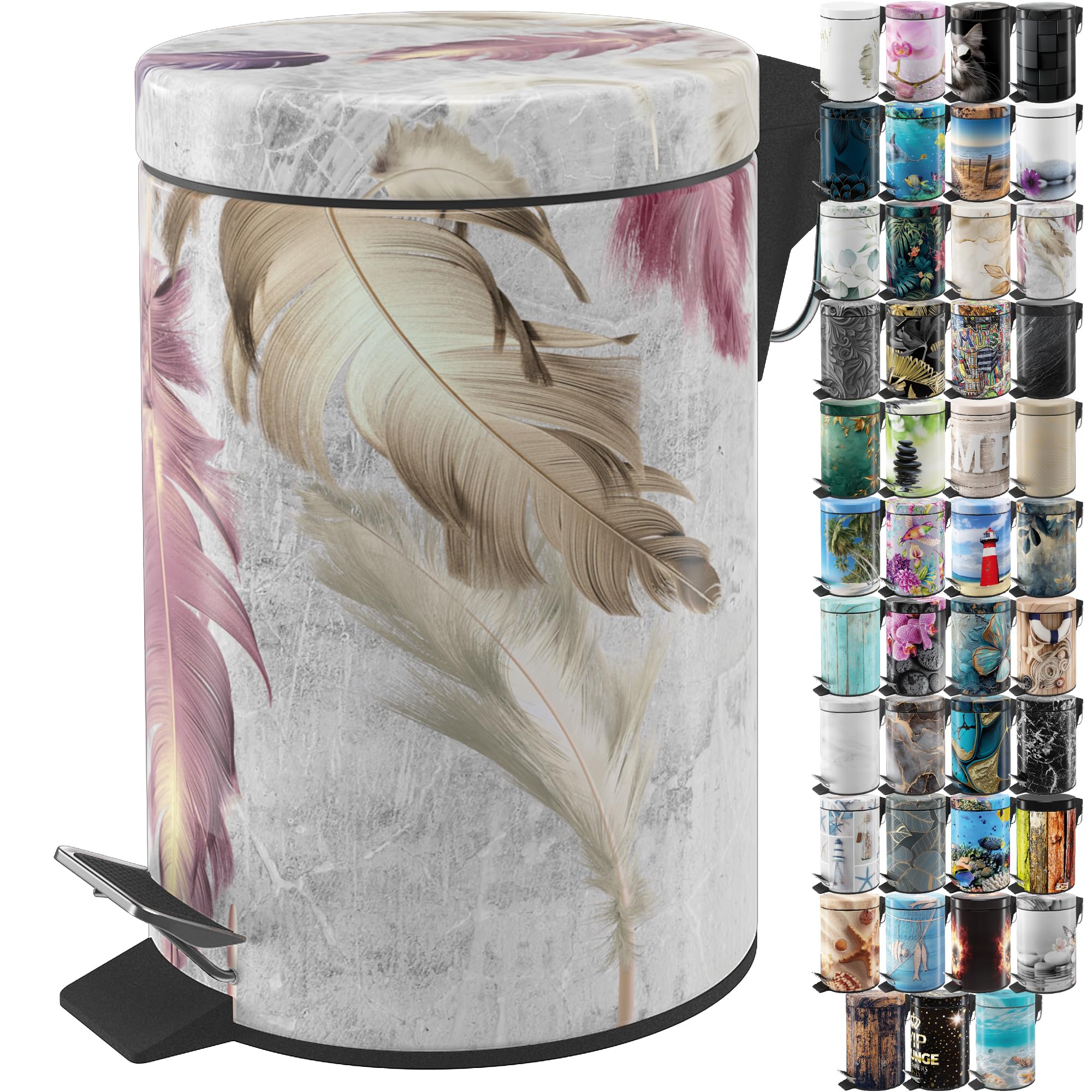 Sanilo Bathroom Bin 3L with Soft Close, Many New Cosmetic and Kitchen Waste Bins Available, Trash Can with Inner Bucket (Feathers)