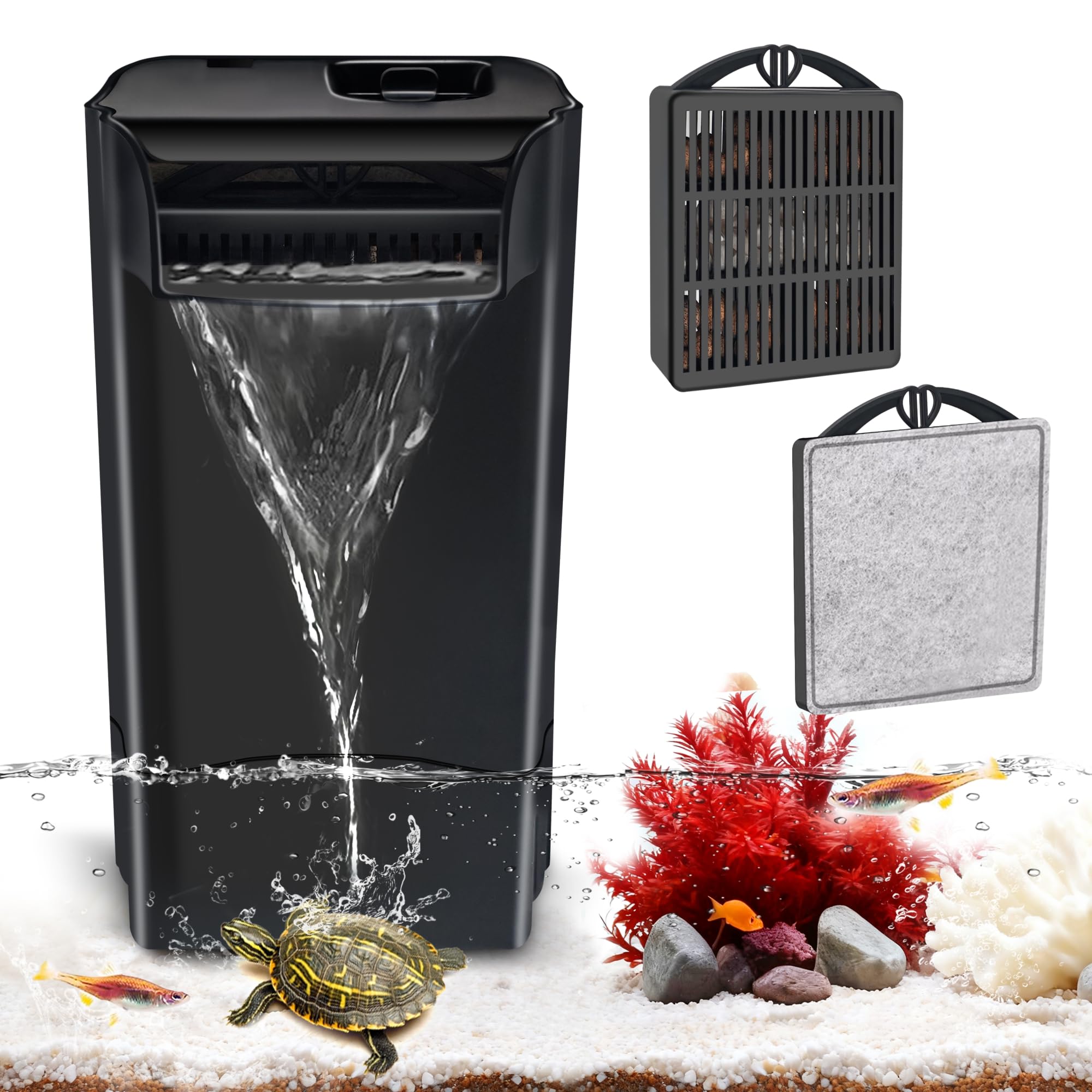 GOZILLA Filtre d'aquarium 8 W 148 GPH pour réservoir à faible niveau d'eau, filtre tortue à débit d'eau réglable pour aquarium Turlte, filtre d'aquarium pour aquarium de 10 à 10 gallons (Noir)
