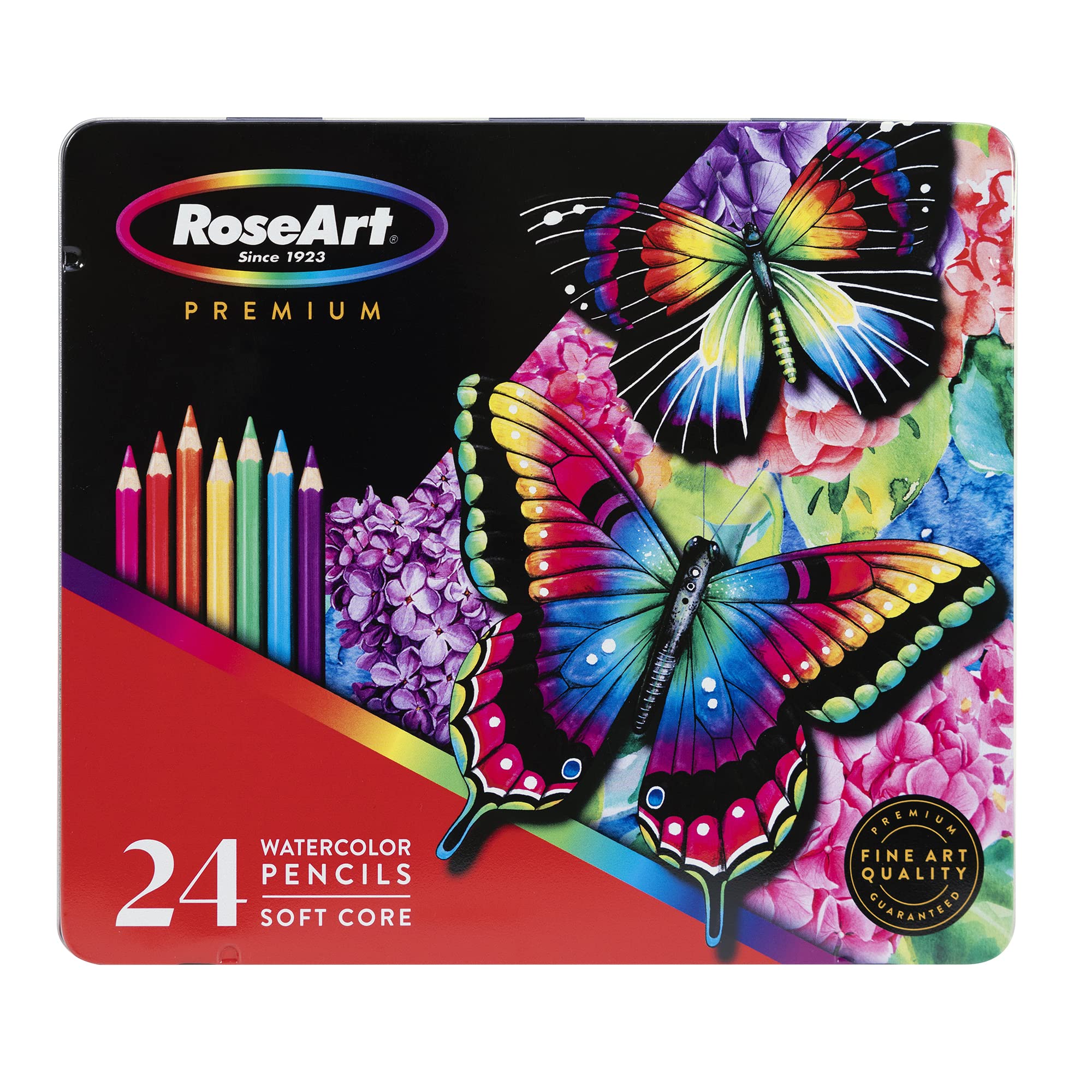 RoseArt Premium 24ct Soft Core Watercolor Pencils - Art Supplies for Drawing, Sketching, Adult Coloring in Design Storage Tin, multi (84402)