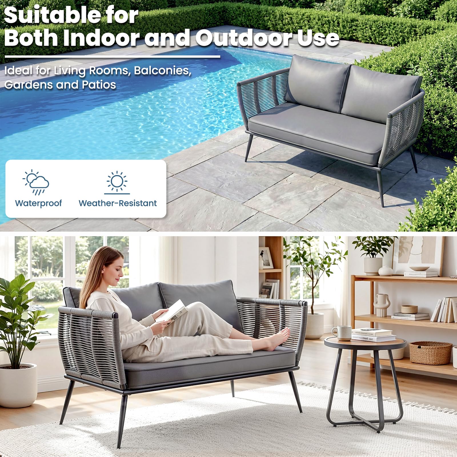 LIFERUN Sofá de ratán de 2 plazas, muebles de balcón, gris, sofá, pequeño balcón, jardín de invierno, terraza, muebles de exterior e interior, banco de jardín resistente a la intemperie, banco con