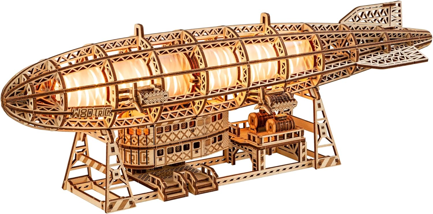 Wood Trick Luminous Zeppelin Dirigible LED 3D Wooden Puzzles for Adults to Build - Moving Propellers & Tail - Includes Wall Mount & Stand - Engineering DIY Project Mechanical 3D Puzzle Model Kits