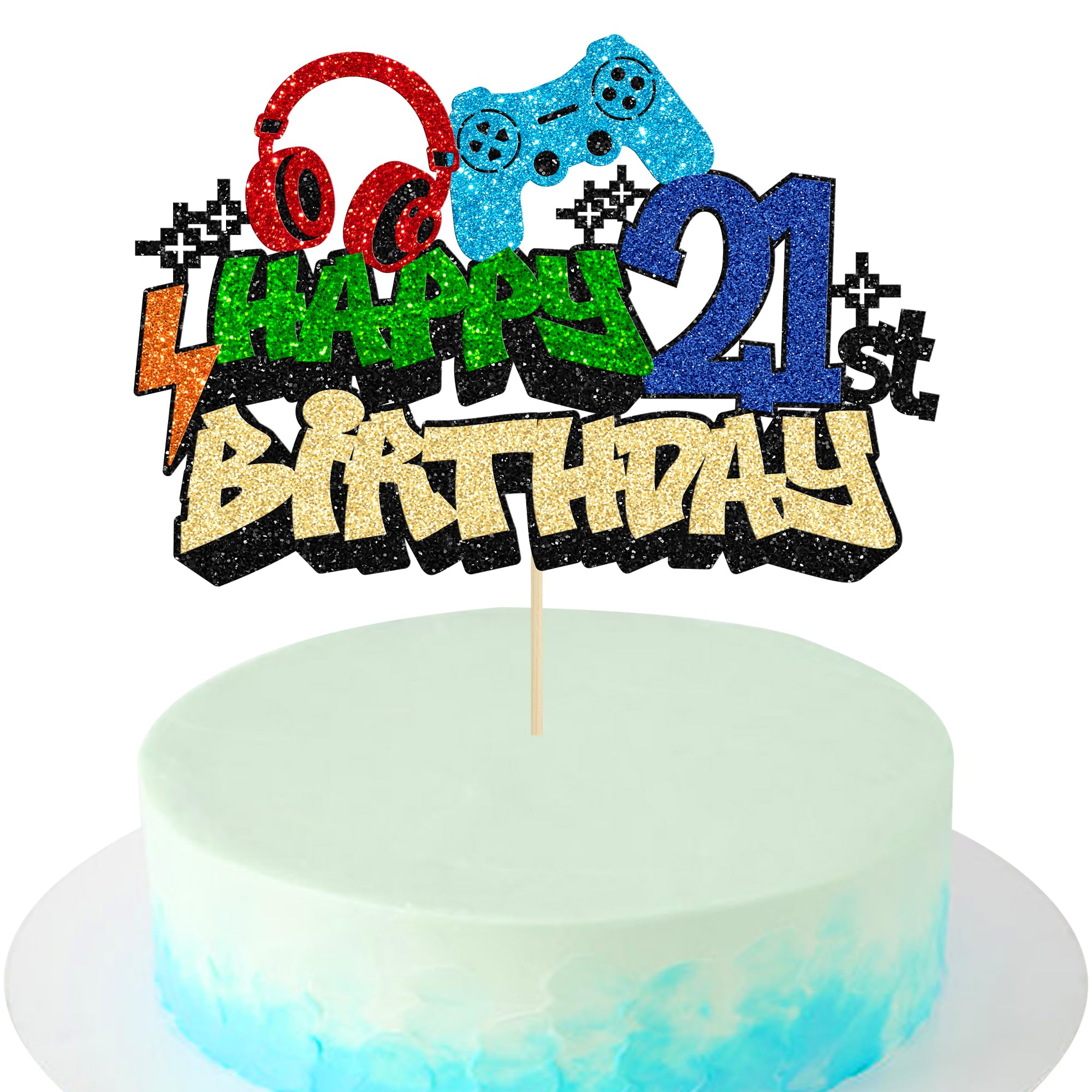 Gyufise 1Pcs Happy 21st Birthday Cake Topper Glitter Video Game Cake Pick Game On Controllers Eighteen Cheers to 18 Years Cake Decoration for Game Theme Happy 21st Birthday Party Supplies