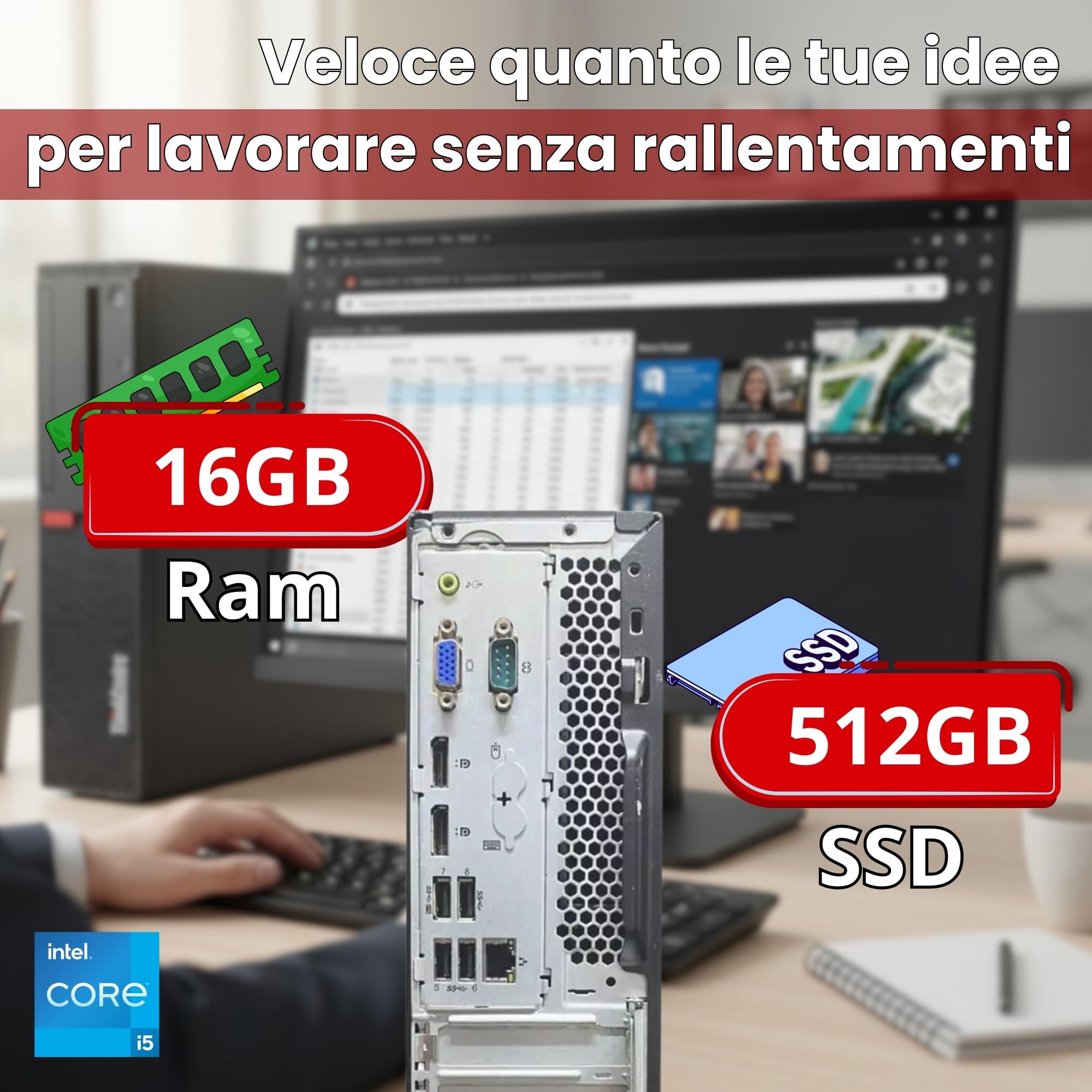 Lenovo PC Computer Completo ThinkCentre Con Monitor 27 Pollici IPS Ultra Slim | Intel Core i5 8500 | DP USBC | 16 GB | 512GB | Win 11 Pro MS Office 2021 Professional Garanzia 36 mesi (Ricondizionato)