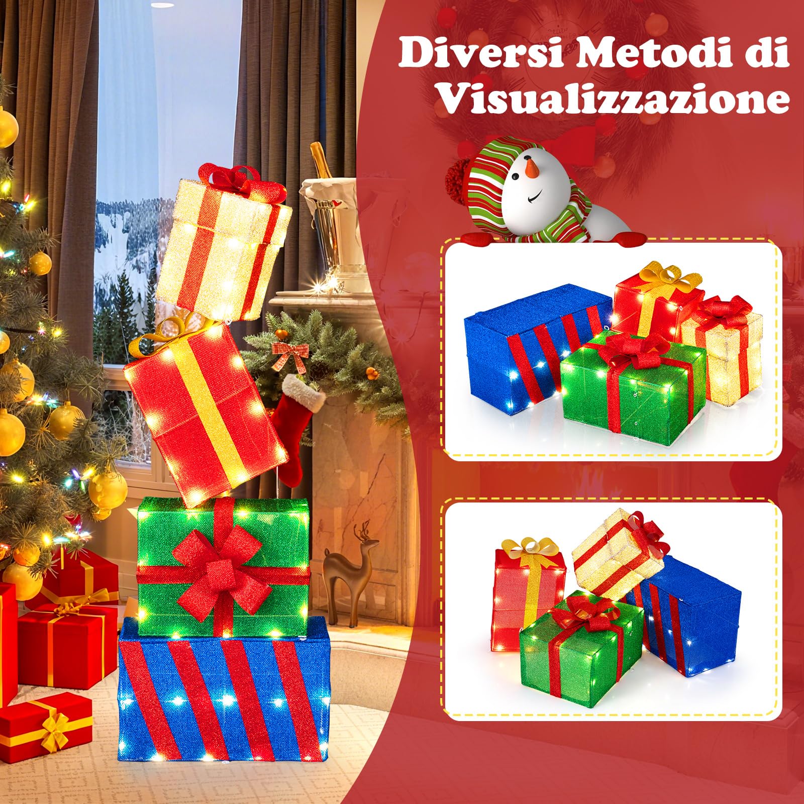 COSTWAY Set di 4 Scatole Regalo Natalizie Illuminati, Scatole Regalo Luminose con Fiocchi Colorati, 52 Luci LED Bianco Caldo, Decorazione Festiva per Casa e Giardino