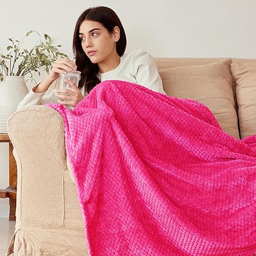 Miniatura 2 de Exclusivo Mezcla Manta de forro polar suave, texturizada con punto gofre, tamaño Queen, acogedora, cálida y ligera, color rosa intenso, 90 x 90