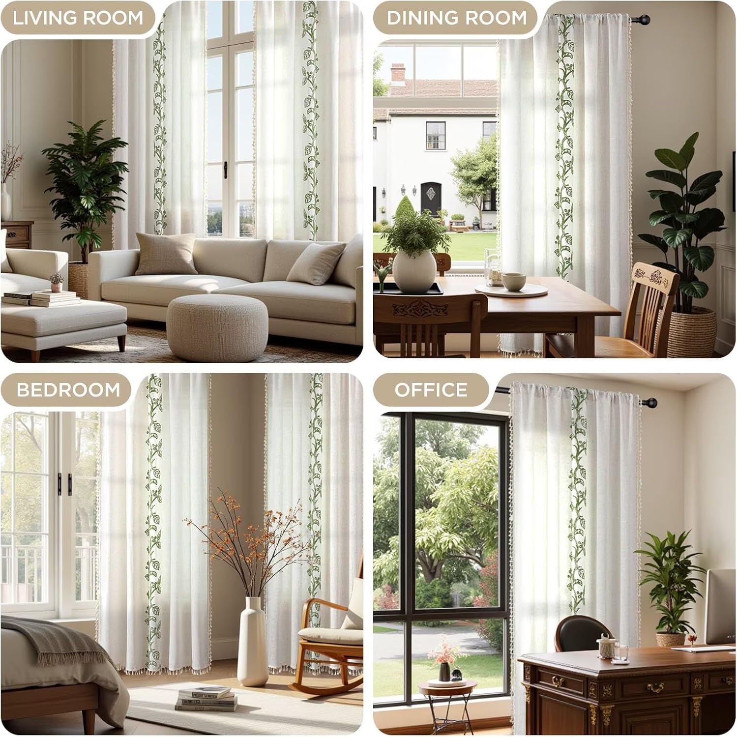 Joydeco Green Foliage Bifacial Embroidered Curtains 63 Inch Long 2 Panel Set,Semi Sheer Tassels Linen Drapes for Living Room,Boho Light Filtering Cottage Curtain with Back Tab Rod Pocket(63" Lx52 W)