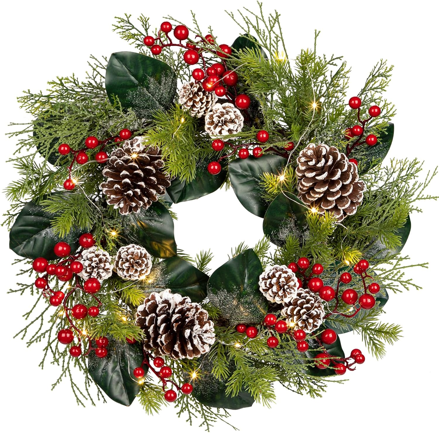 Christmas Wreath 20 Inch Outdoor Artificial Christmas Wreath with Red Berries and Flocked Pine Cones Xmas Wreath for Front Door Winter Holiday Christmas Party Decorations 20" Style#5