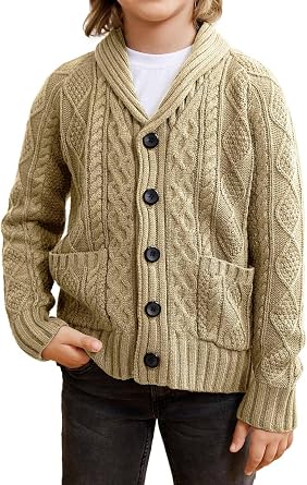 rrhss Boys Cable Knit Cardigan Sweater Kids Button Down Shawl Collar Outwear Sweater with Pockets 3-12 Years