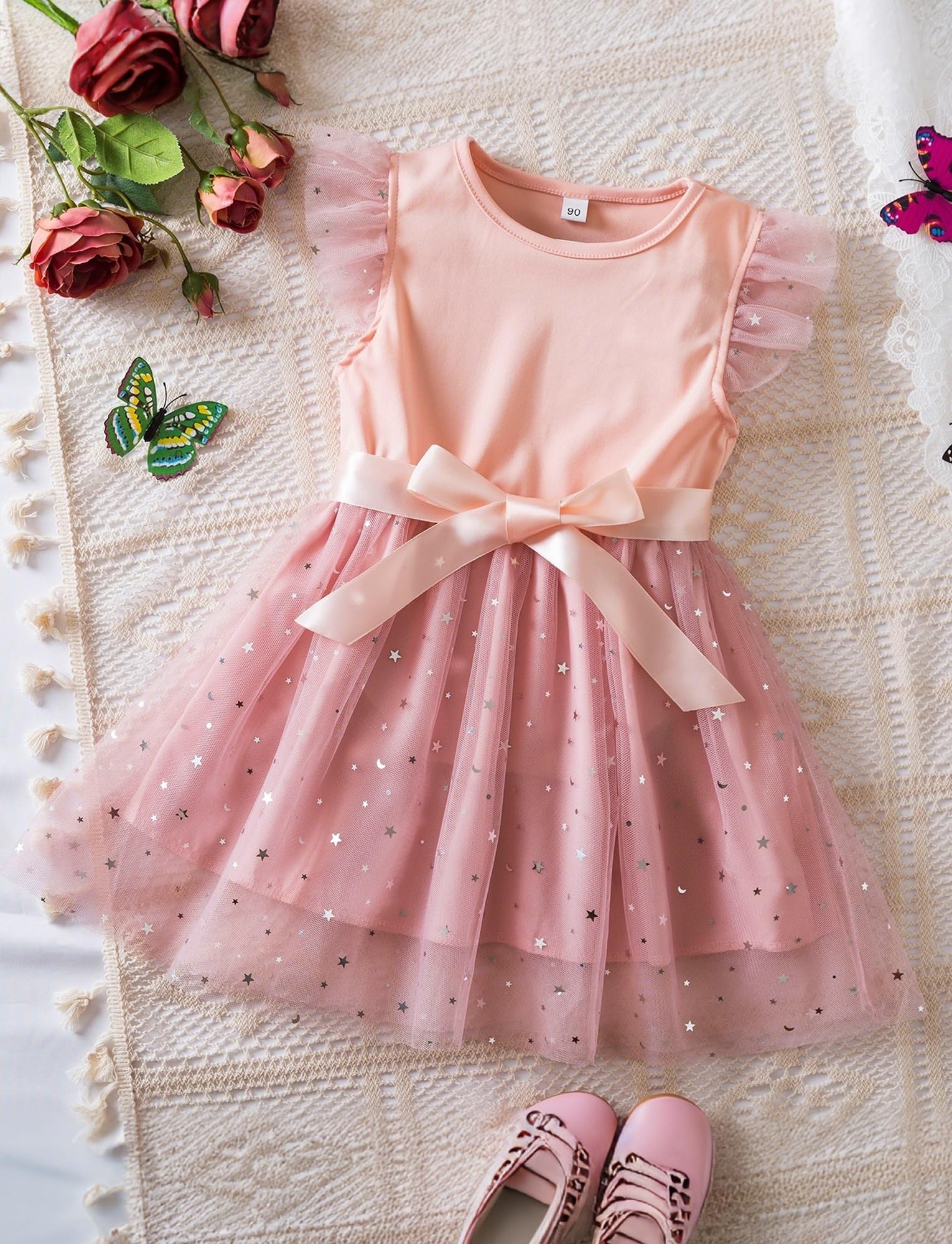 Happy Cherry Robe de Princess pour Petit Fille 1-6 Ans Robe avec Tulle Bébé Mariage Cérémonie Soirée Vêtements d'anniversaire Baptême