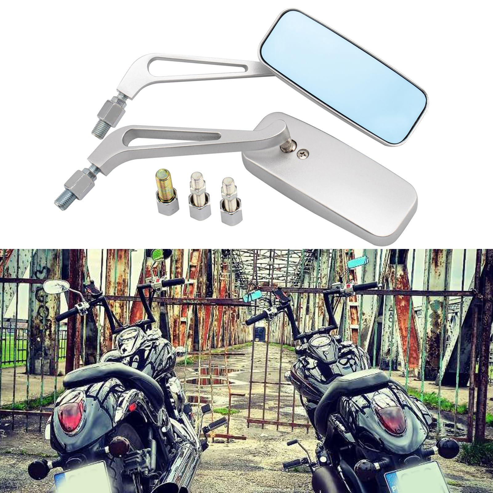 8mm 10mm Motociclo Rettangolo Specchietto Retrovisore,Specchietti Laterali moto Compatibile con Street Bikes Sport Bikes Bobber Chopper (Argento)