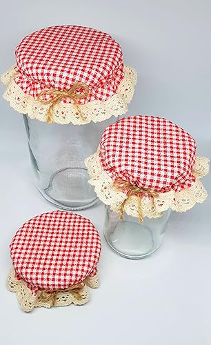 Miniatura 5 de DLK - 10 fundas elásticas para frascos - 100% algodón, patrón elástico de cuadros rojos (cuadros) - Cuenco con tapa de fermentación transpirable -