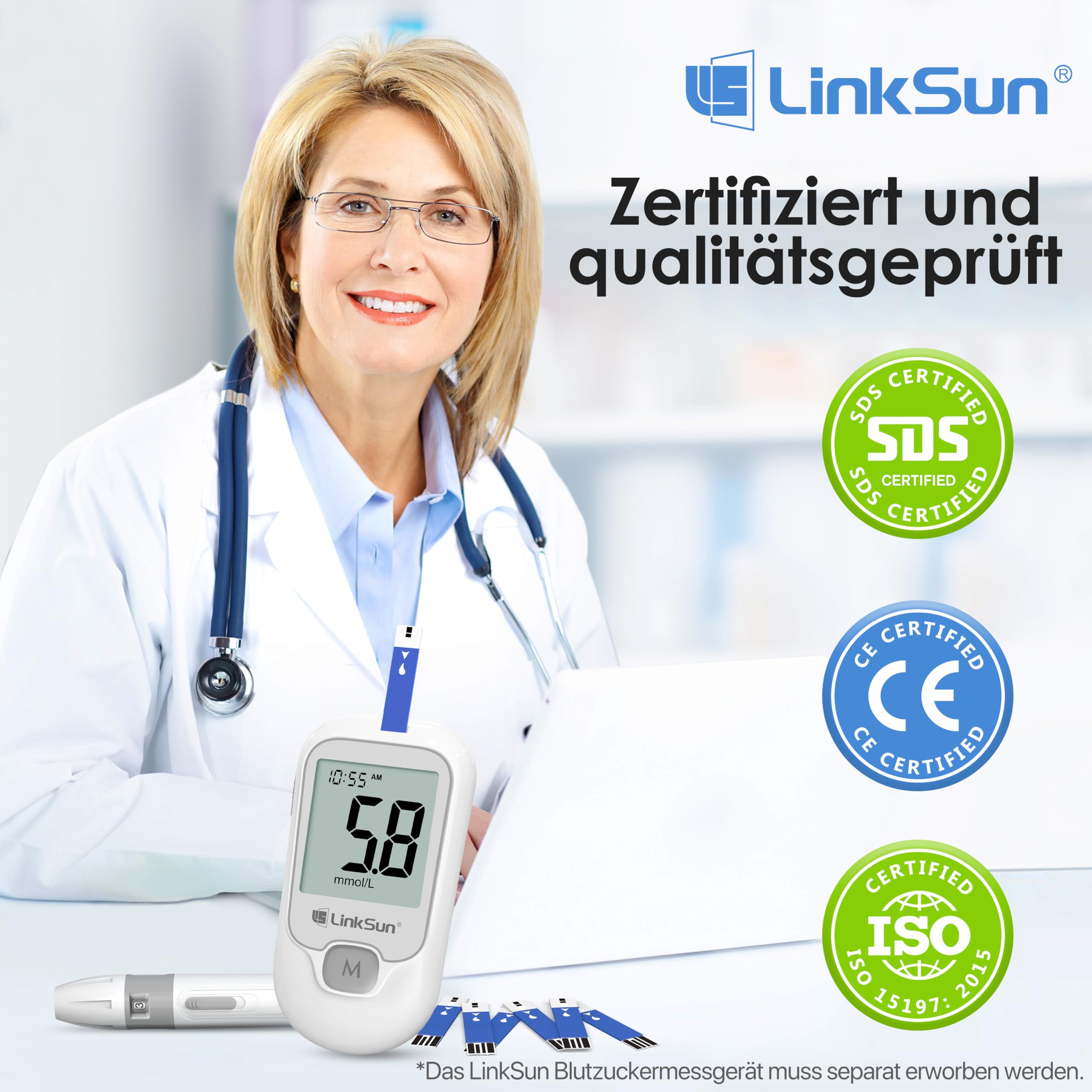 LinkSun Blutzuckerteststreifen, 100 Stück, Kompatibel mit G-425-3, G-425-2V, G-425-1 Blutzuckermessgeräten - Präzise Messung, Ergebnis in 5 Sekunden - 2 Flaschen à 50 Stück (messgerät nicht enthalten)