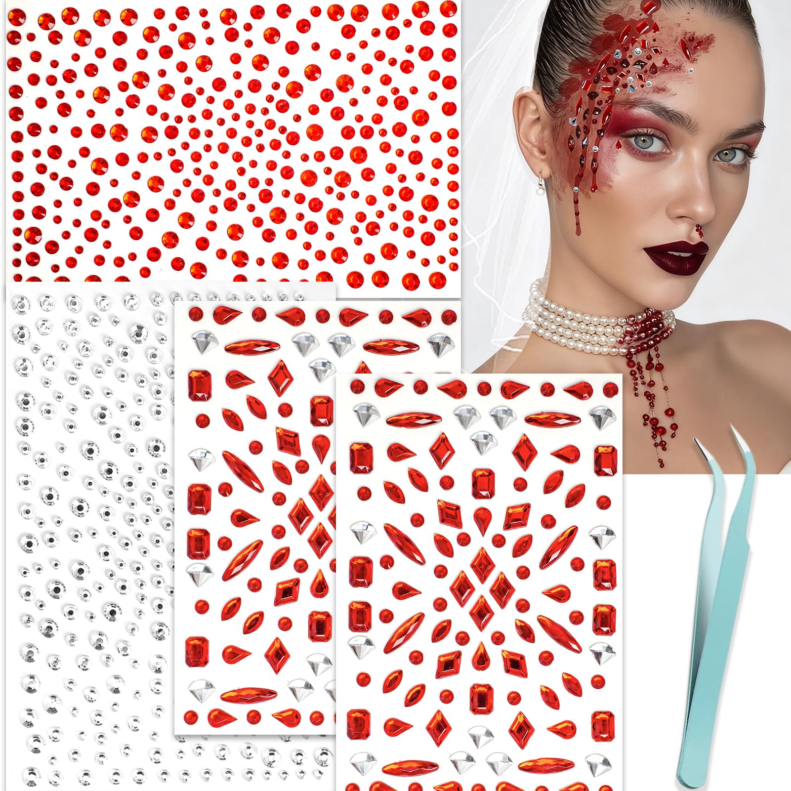 NOOEPC Red Face Gems Vampire Accessories Halloween Makeup, Face Glitter Zombie Makeup Halloween Blood Face Jewels, Face Tattoos Self-Adhesive Gems for Women, Rave Accessories for Eyes Body