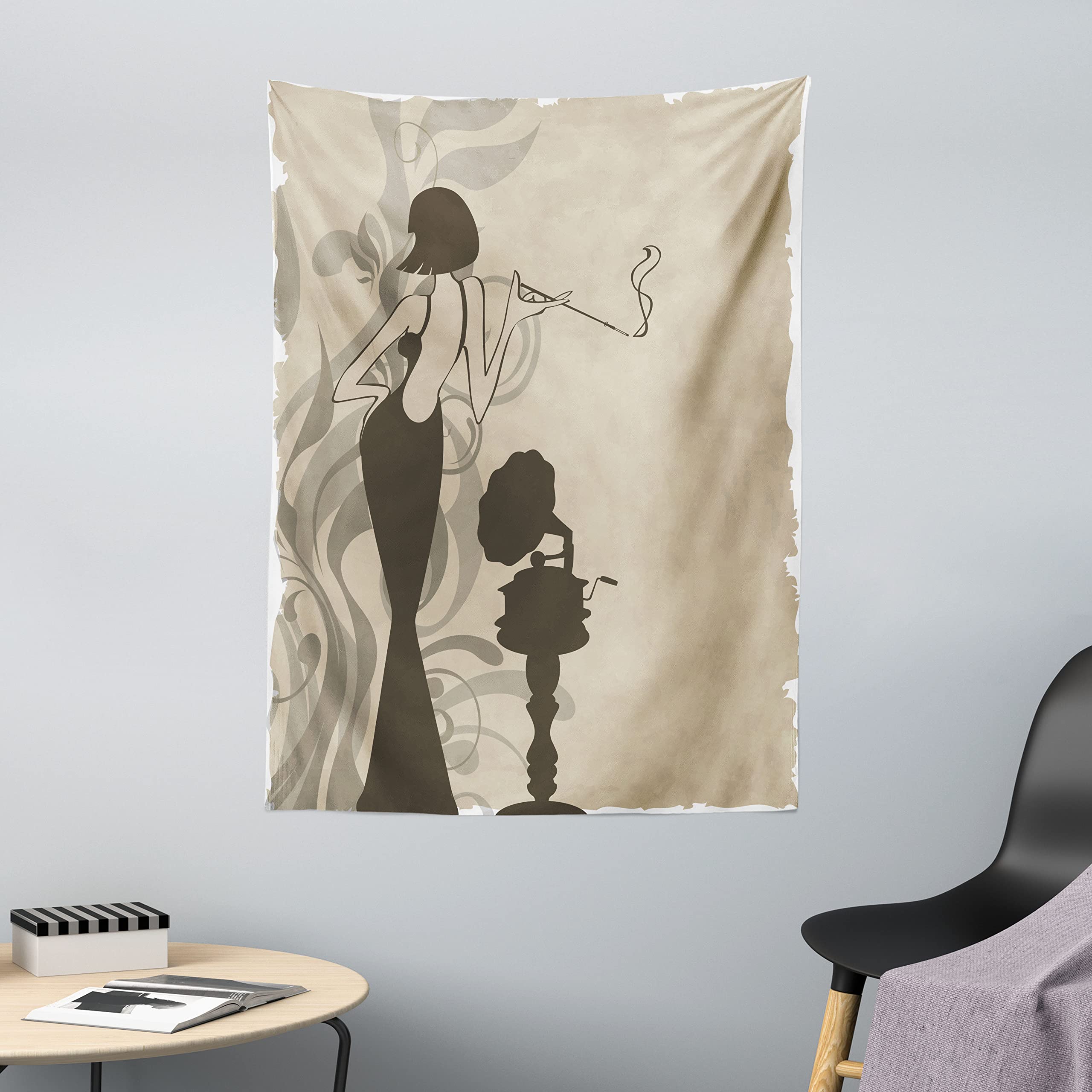 ABAKUHAUS Vintage Woman Tapestry, Retro Girl Posing with Cigarette with Old Nostalgic Gramophone Background