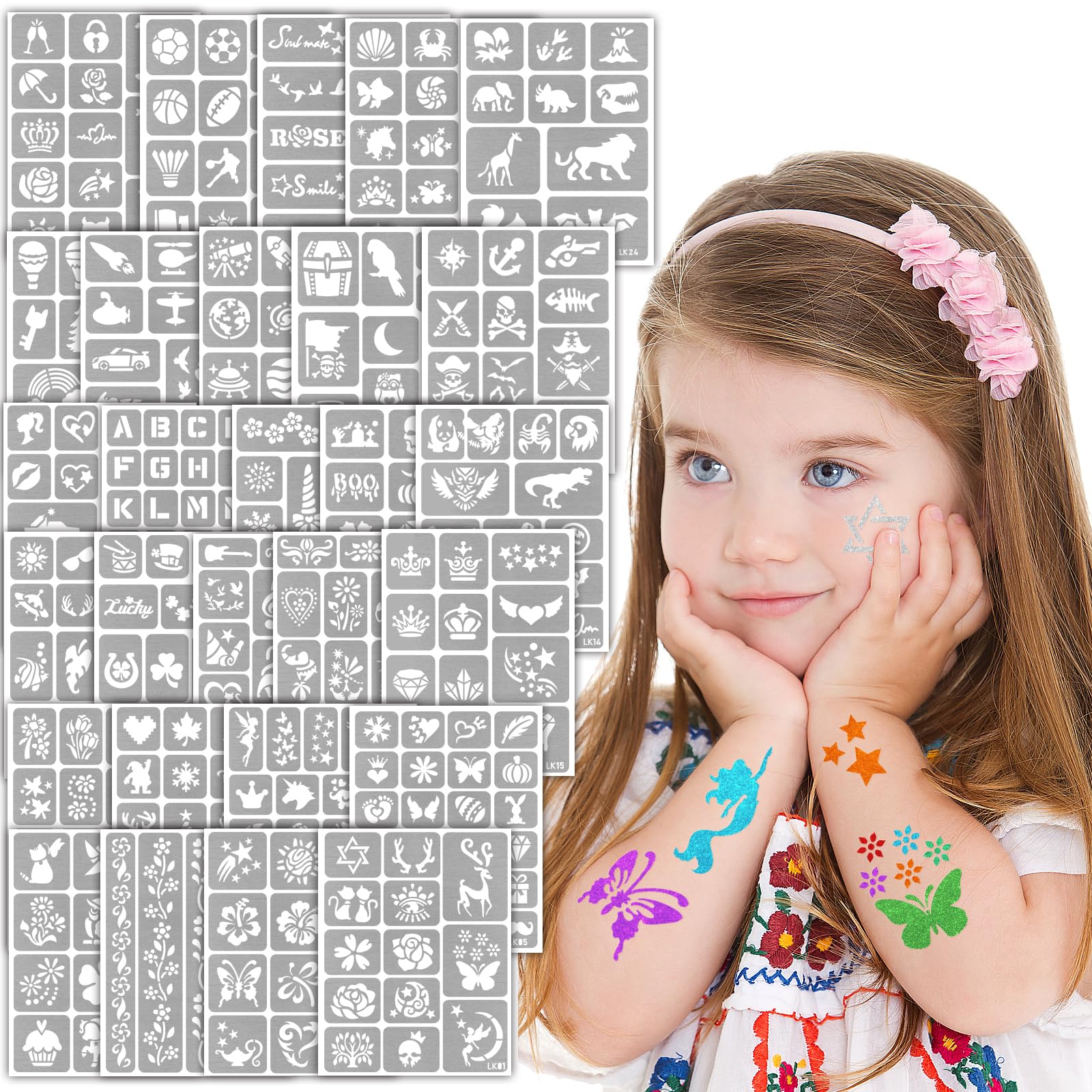 Yazhiji 390 PCS Temporary Tattoo Stencils, Face and Body Paint Stencils Kit, Girl Boy Glitter Tattoos Stencils Pack for Kids School Show Birthdays