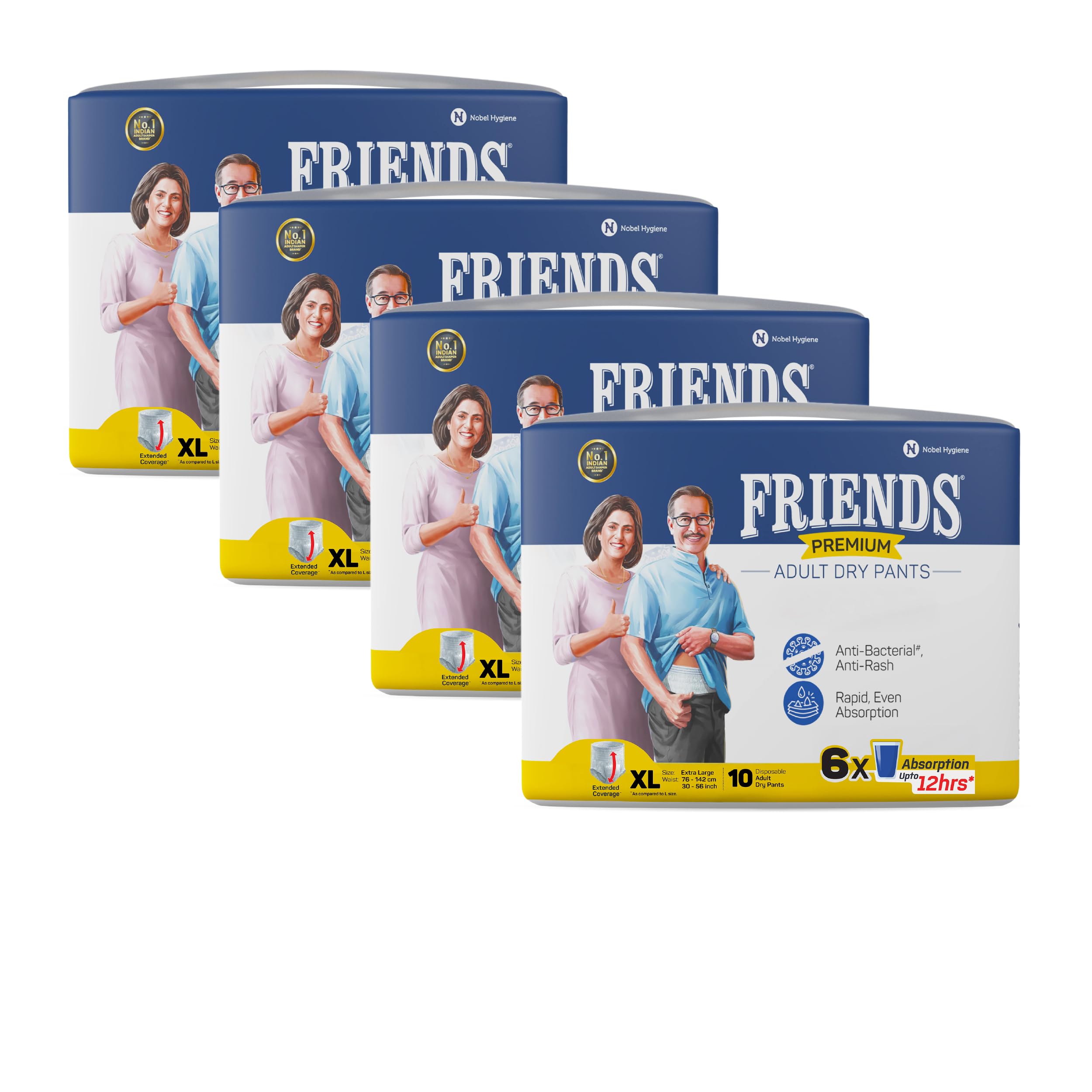 Friends Premium Adult Diapers Pant Style | 40 Count (X-Large) | Waist 30-56 inch; 76-142 cm with odour lock | Unisex | Leakproof | Elastic Waist and Anti-Bacterial Absorbent Core