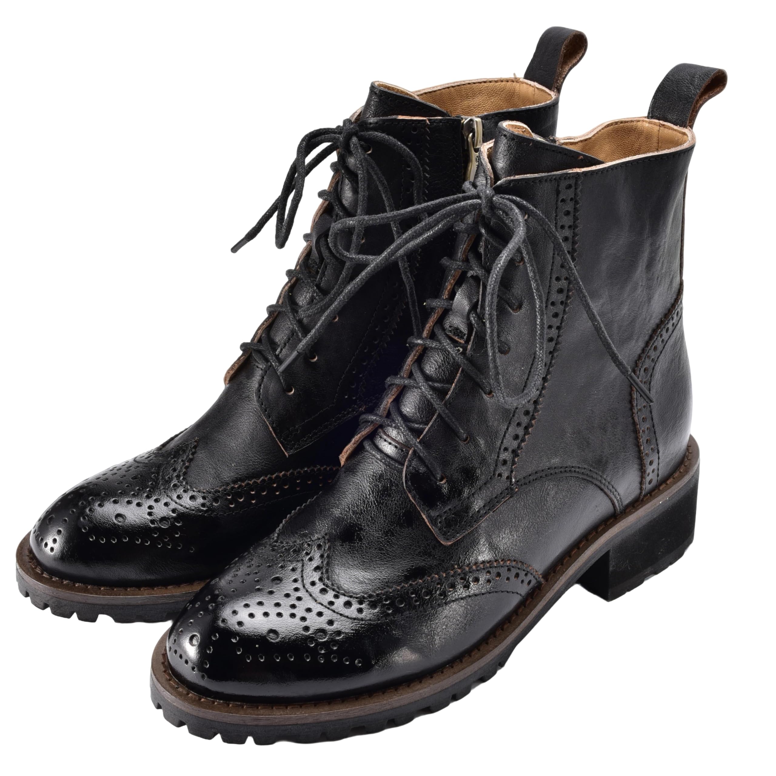 CrazycatZ Handcrafted Womens Wingtip Leather Ankle Boots Cognac Brown Lace-up Combat Style with Side Zipper Brogue Perforated Design
