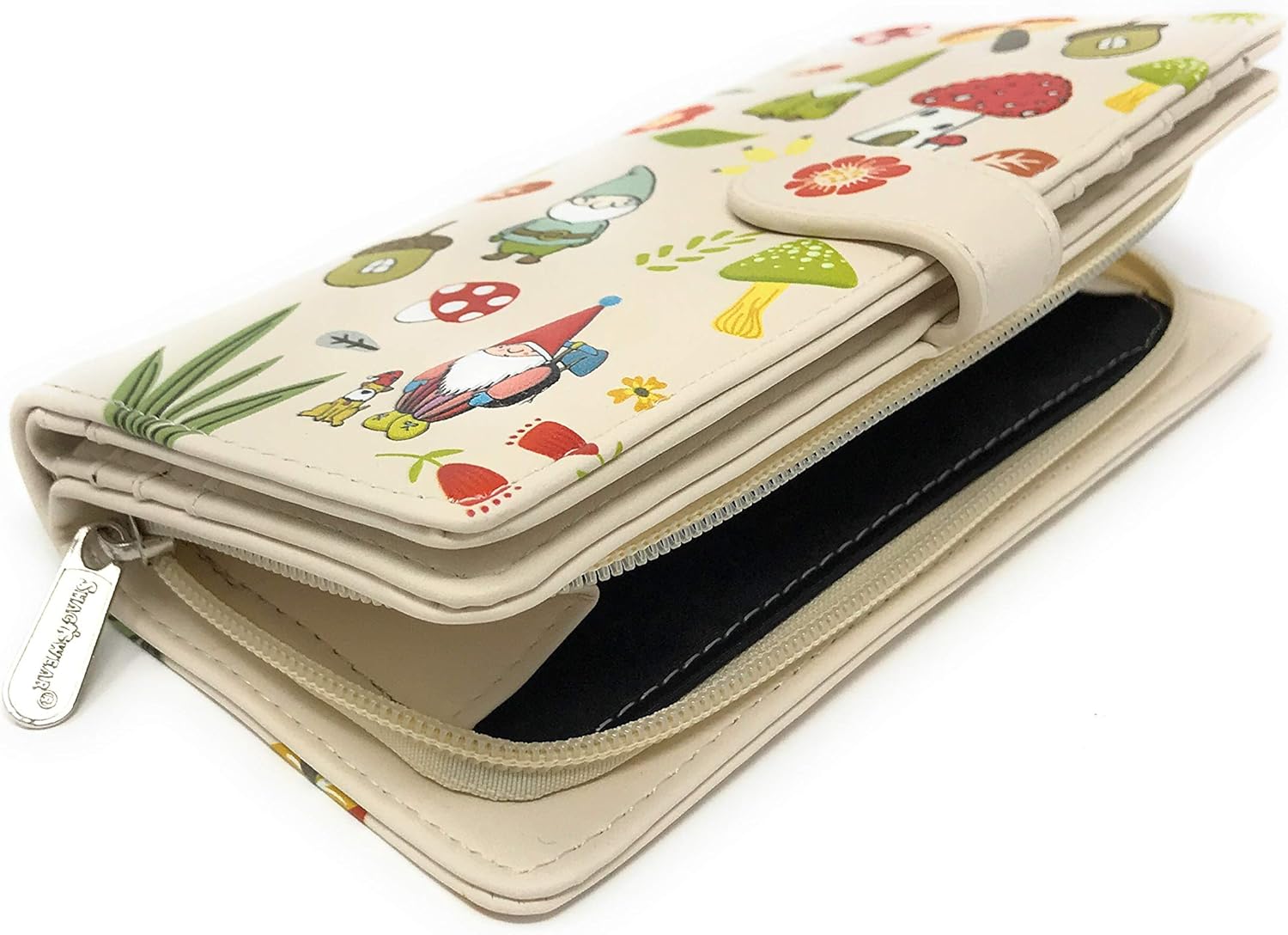 Shag Wear Gnome Forest Large Wallet for Women and Teen Girls Multiple Gnomes Mushrooms Plants Vegan Faux Leather Beige 7"