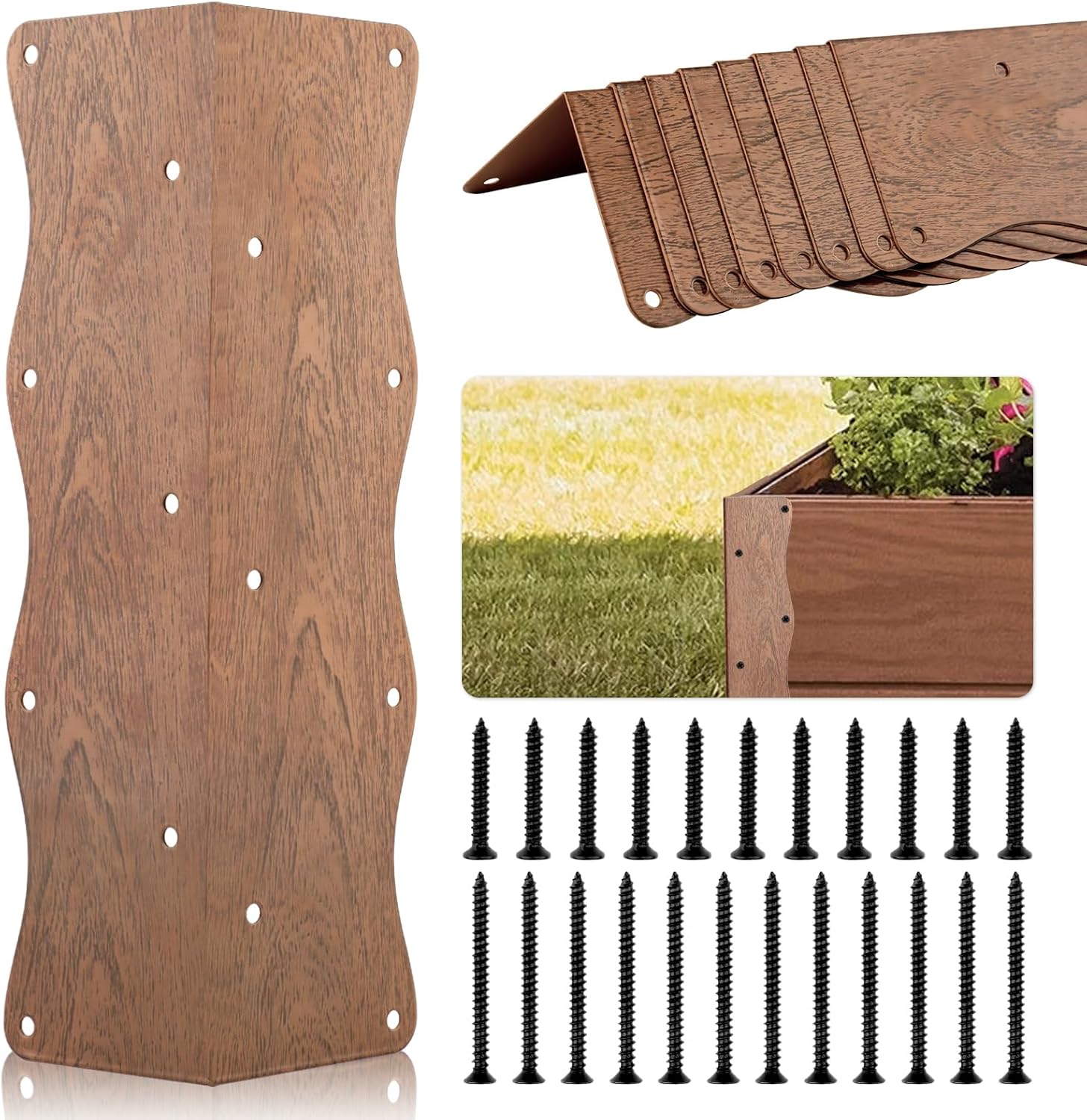 Set of 8 Raised Garden Bed Corner Brackets with Wood Screws, Rust Resistant Metal Connectors 11" x 3" x 3" for 20"-24" Beds, Raised Bed Corners for Vegetable Planter Garden Wood Grain