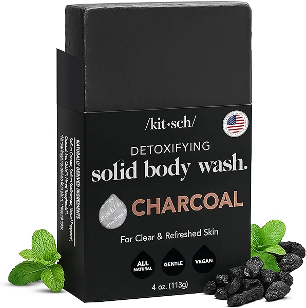 Kitsch Charcoal Soap Body Wash Bar – Detoxifying Bar Soap with Activated Charcoal – Gently Removes Excess Oil & Impurities, Clears Pores, Firms & Moisturizes Skin – Made in USA - 4 oz