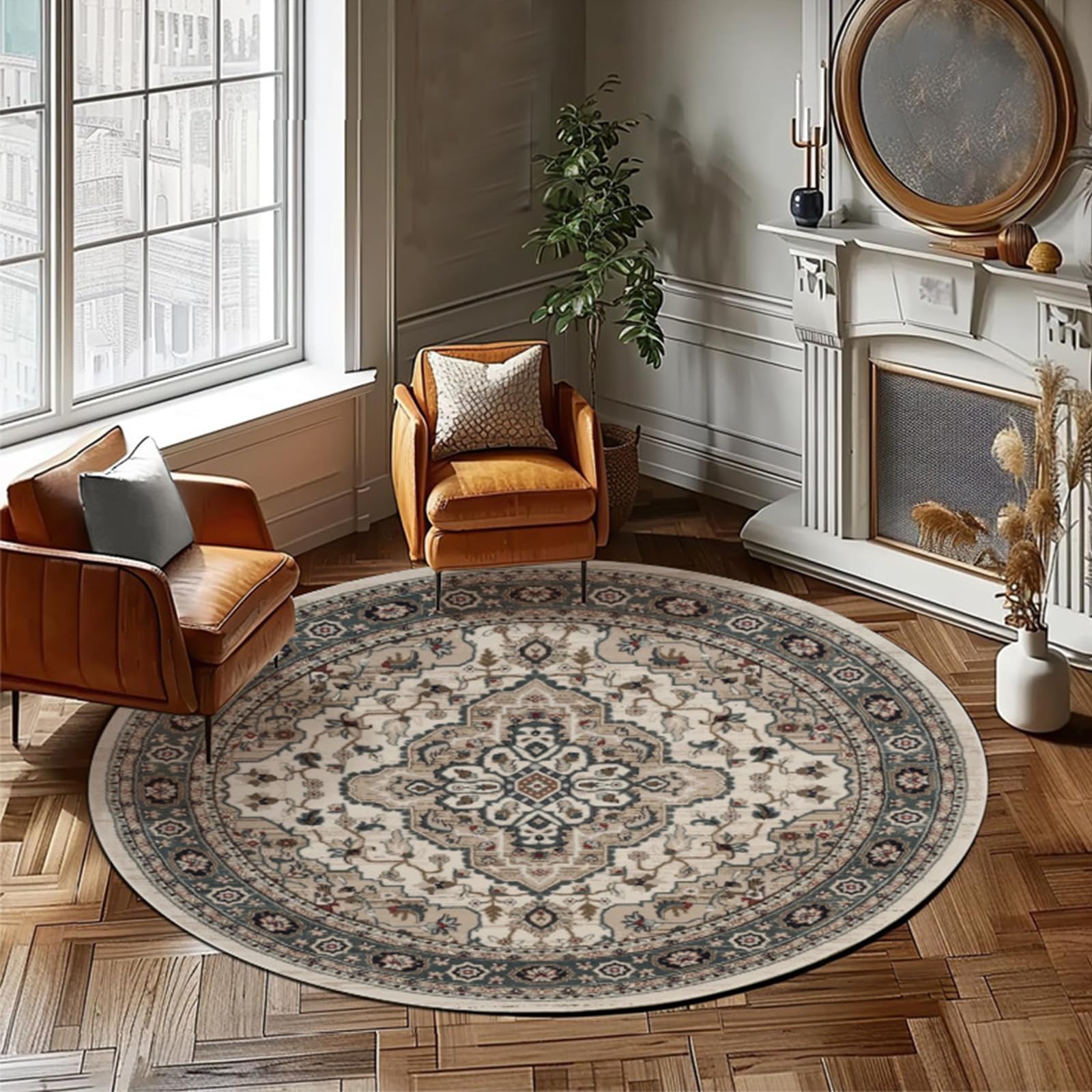 Teppich Rund, ø 200 cm, Kurzflor Teppiche Modern Designer Flur Schlafzimmer Küche Wohnzimmer, Dunkelgrün Rot Khaki Beige Floral Vintage Traditionelle Muster,Beige,