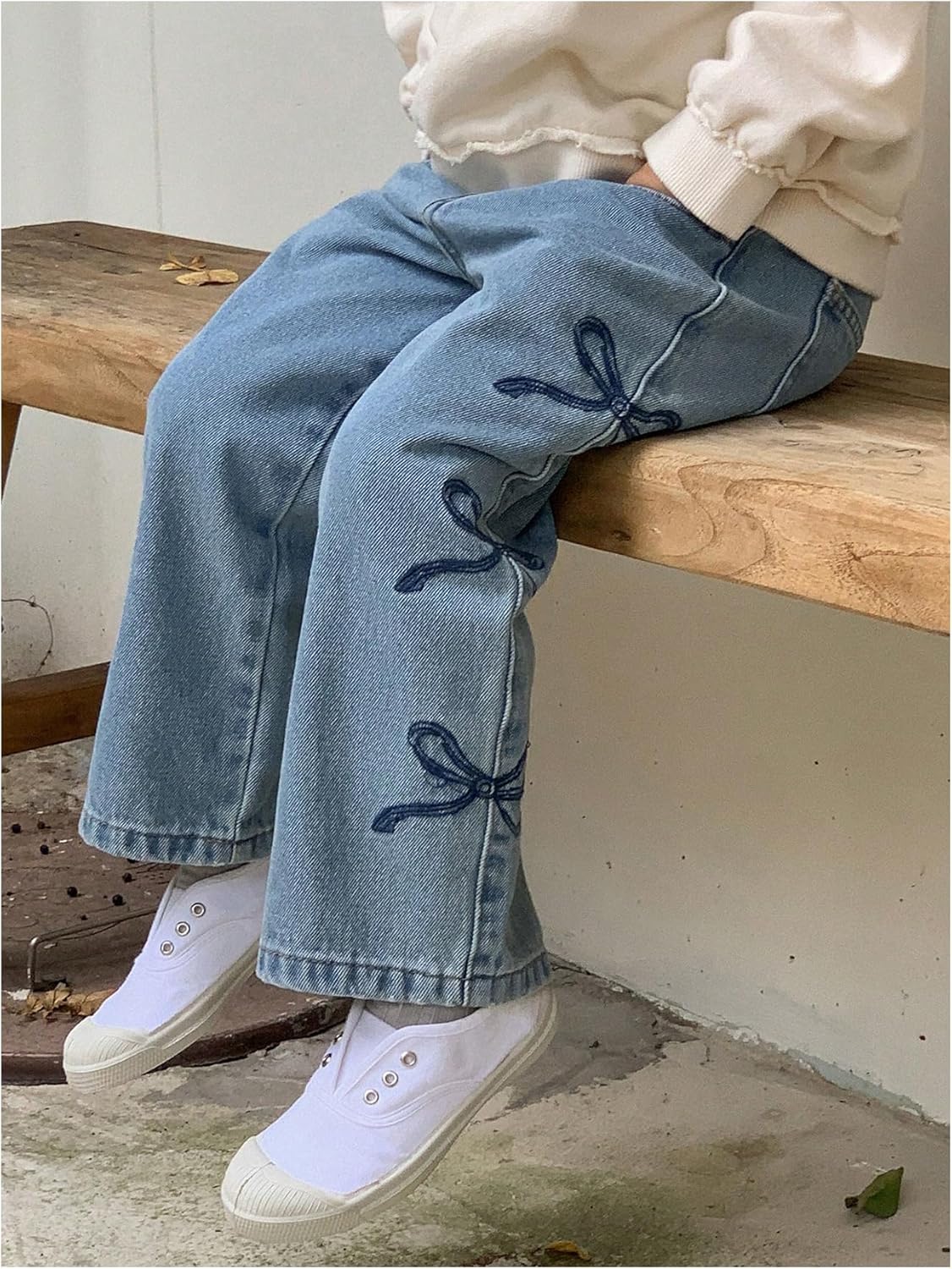 WDIRARA Toddler Girl's Bow Jeans Elastic Waist Straight Leg Denim Pants - Image 5
