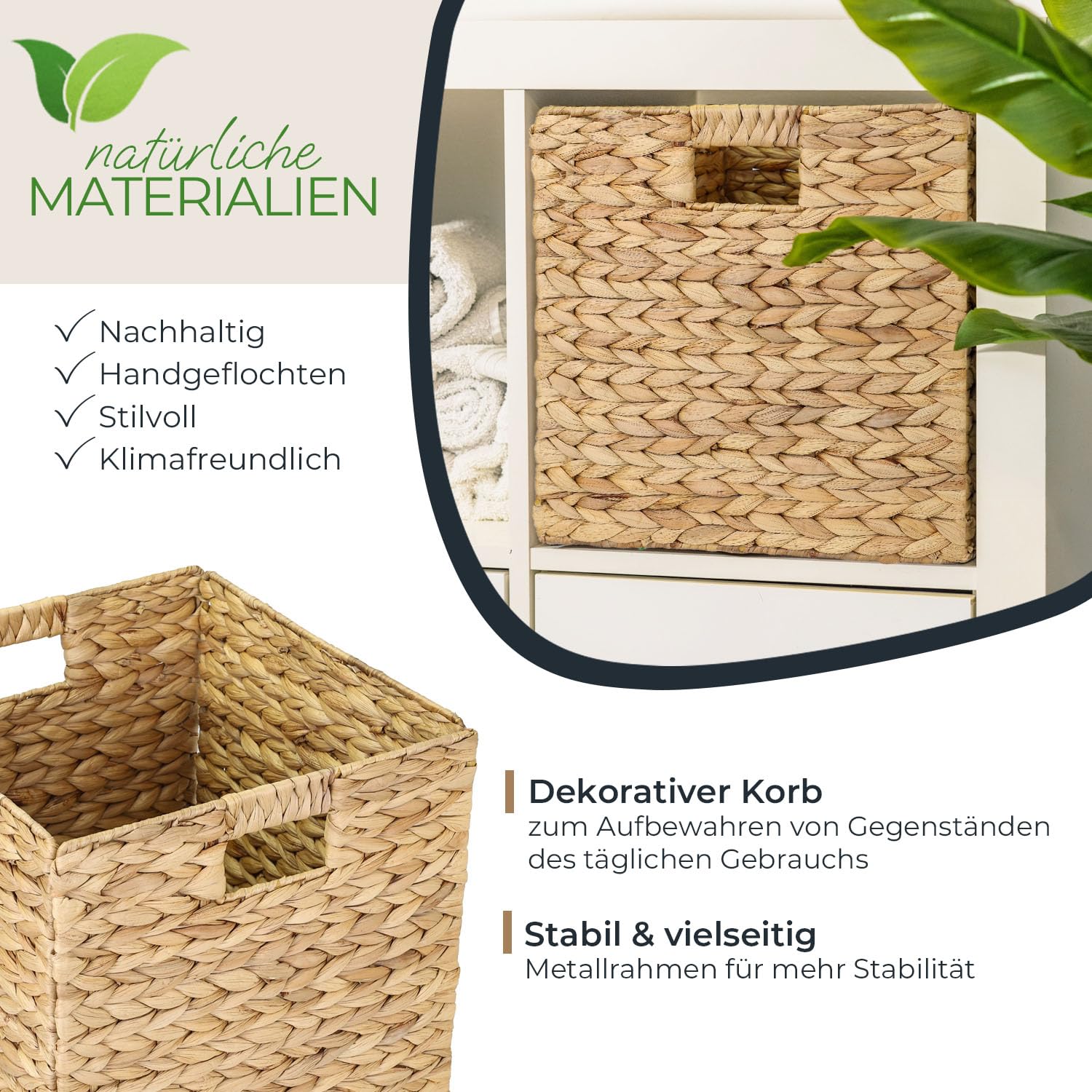 HMF Aufbewahrungskorb passend für KALLAX Regal, Korb geflochten aus Wasserhyazinthe mit Griffen | 4er Set | 32 x 34,5 x 32 cm | Natur