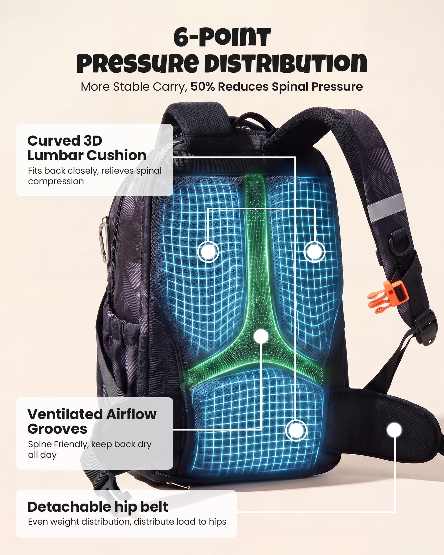 Amythe Zaino Adolescente Ragazzo Cintura Rimovibile | Zaino Ergonomico 30L Impermeabile Cintura Rimovibile Bande Riflettenti Copertura