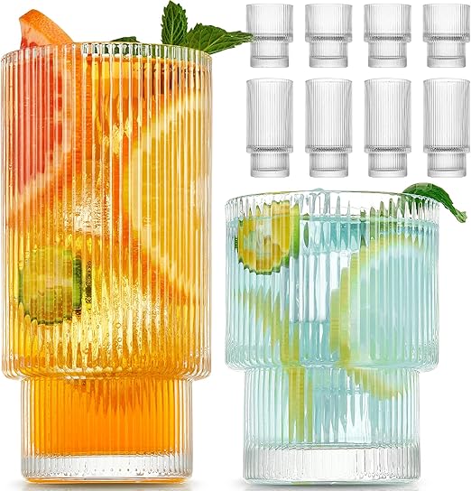 Gencywe 8 Pack Drinking Glasses, 4pcs Highball Glasses (11oz) & 4pcs Rocks Glasses (6oz), Vintage Glass Cups, Elegant Ribbed Glassware, Iced Coffee Glasses, Glass Tumbler for Cocktail, Whiskey, Juice