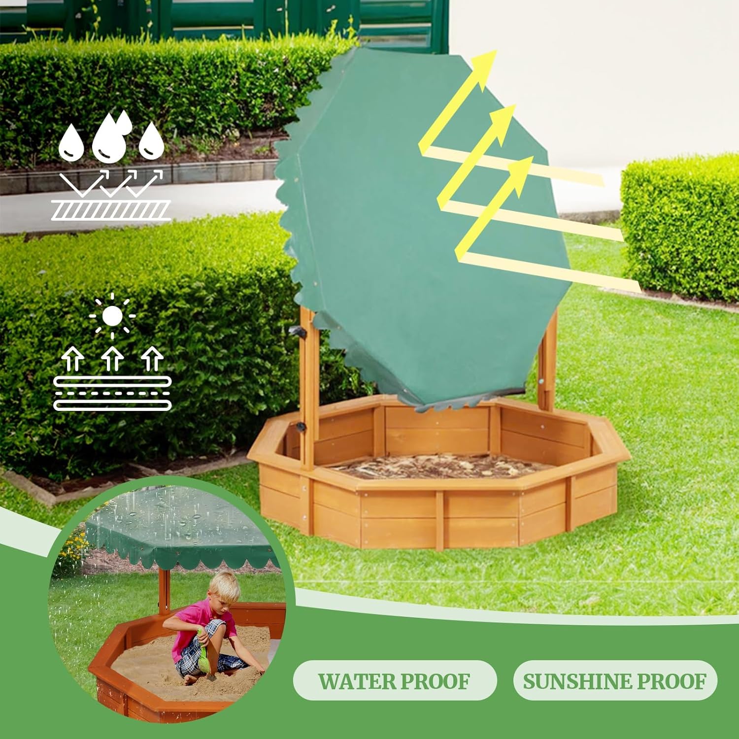 Sandbox with Lid Wood Toddler Sand Boxes with Canopy for Backyard Garden Octagonal Sandbox with Cover Outdoor Playhouse with Adjustable Lid for Aged 3-10 Years Old