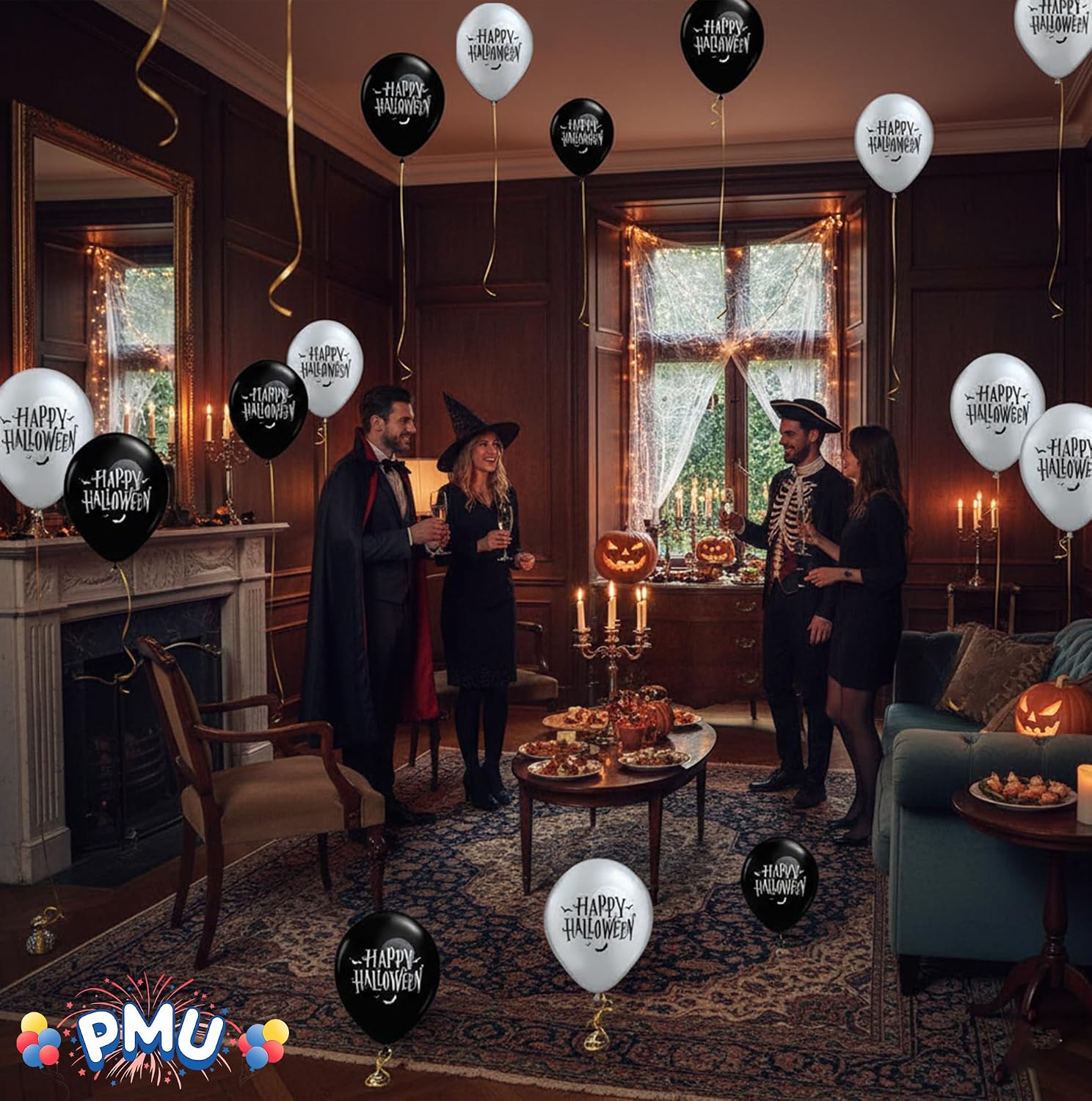 PMU 50 Pcs Halloween Balloons 11 Inch, Fun Balloons for Halloween Party Décor, Spooky Ghost Theme Moon & Bats Onyx