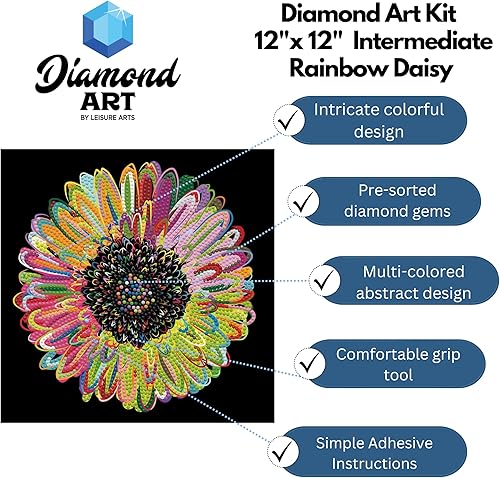 Miniatura 2 de DIAMOND ART BY LEISURE ARTS Rainbow Daisy, 12 x 12 pulgadas, kits de pintura de diamante intermedio para adultos, arte para adultos, kit, pintura
