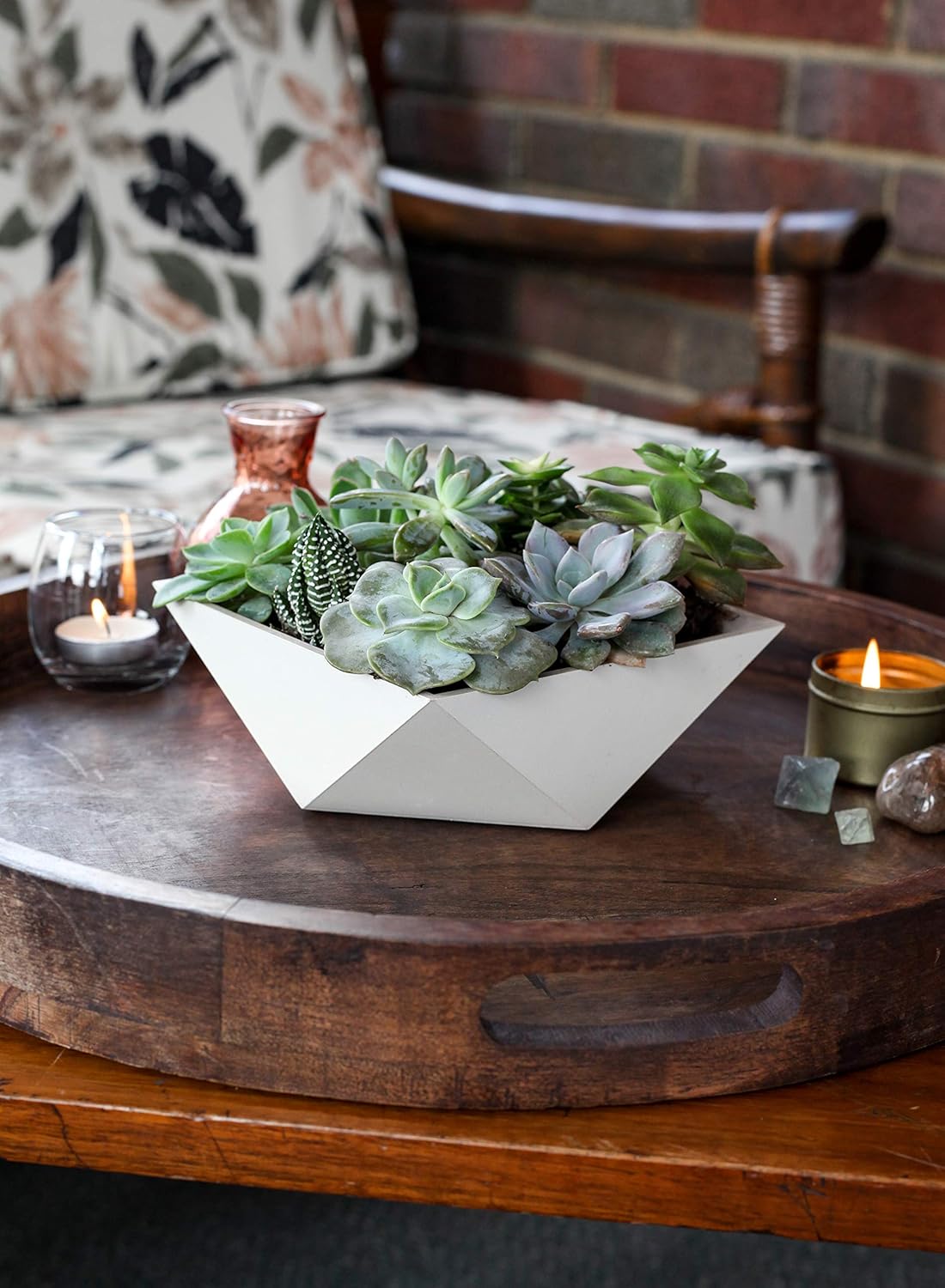 The HC Companies 8 Inch Deco Faceted Plastic Succulent Bowl - Unique Decorative Indoor Planter with Drainage Hole, Faux Concrete (Pack of 2)