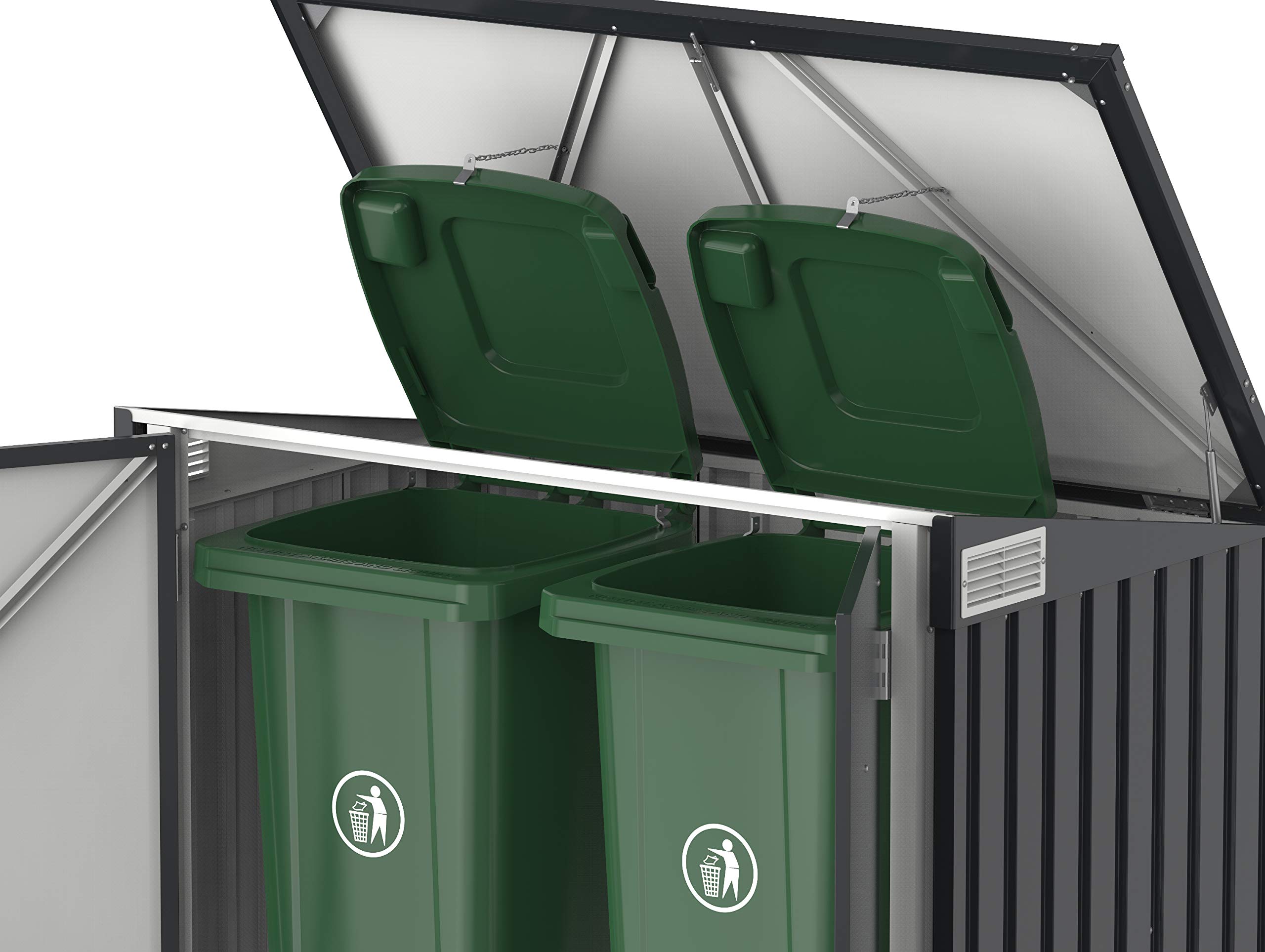 Duramax Mülltonnenbox für 2, Unterstand für 2 Mülltonnen mit Öffnung von oben und abschließbaren Doppeltüren, Lagerunterstand aus Metall, Verstecke für rollende Mülltonnen, Anthrazit