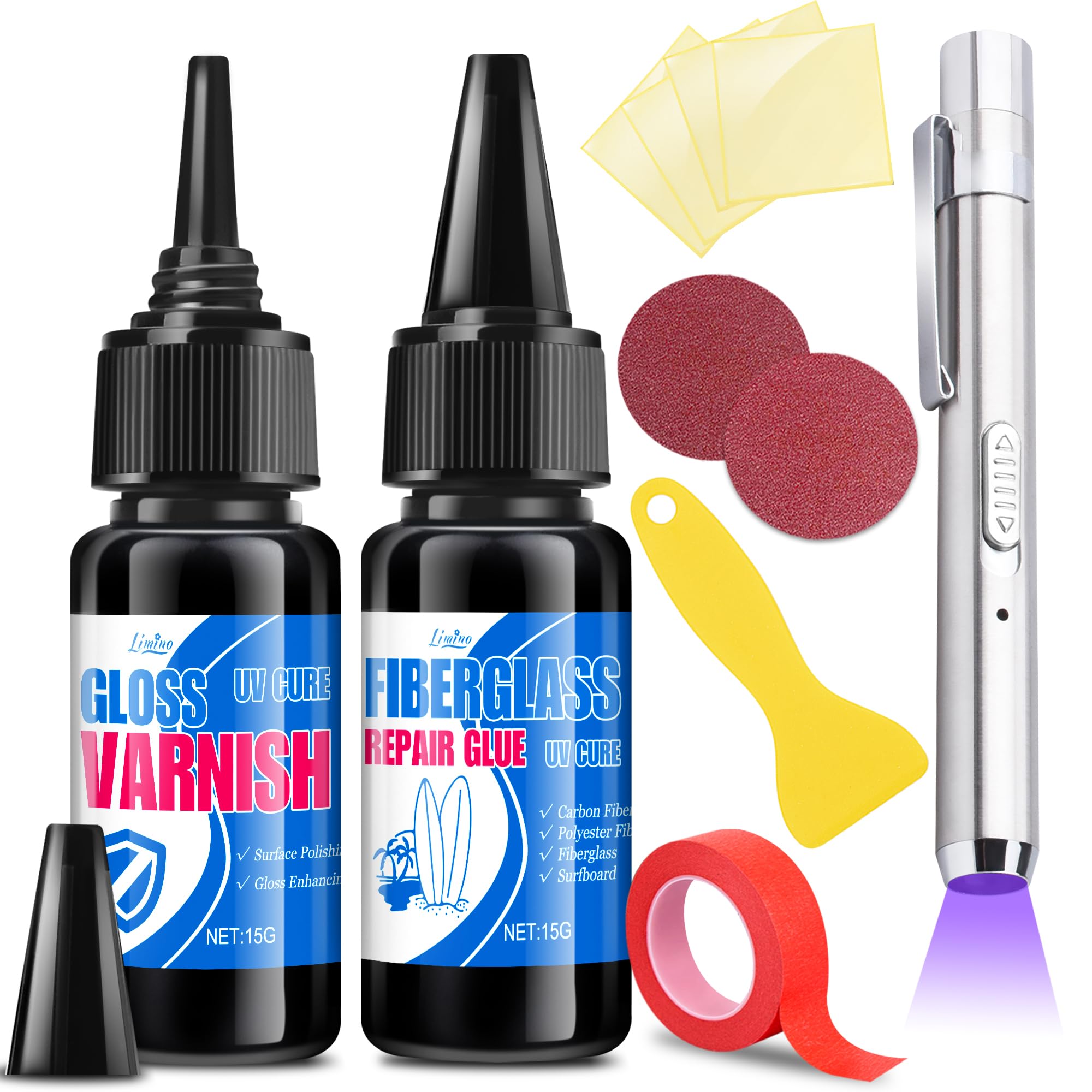 Surfboard Repair Kit - Fiberglass Repair Kit, Single Component UV Resin Repair Glue with UV Light, Gloss Varnish, Quickly Repair Scratches, Holes, and Gaps in Fiberglass, Surfboard, Carbon Fiber