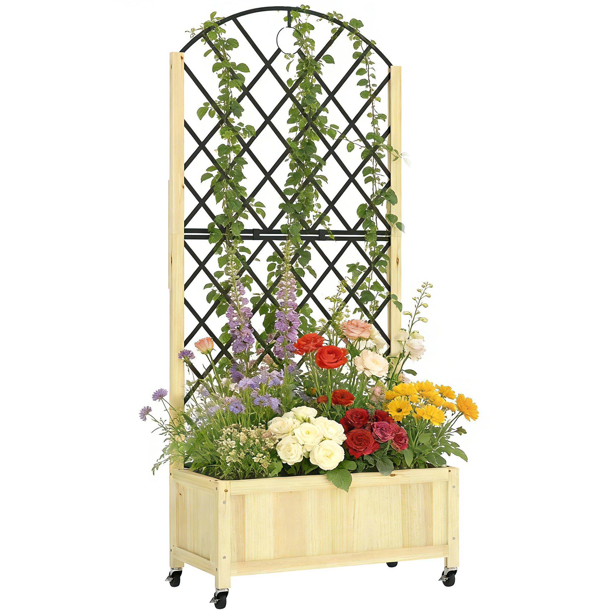 Outsunny Raised Garden Bed with Metal Trellis, Wooden Elevated Planter Box with Lockable Wheels, Outdoor Raised Planter for Climbing Plants, Fruits, Vegetables, Flowers, Natural