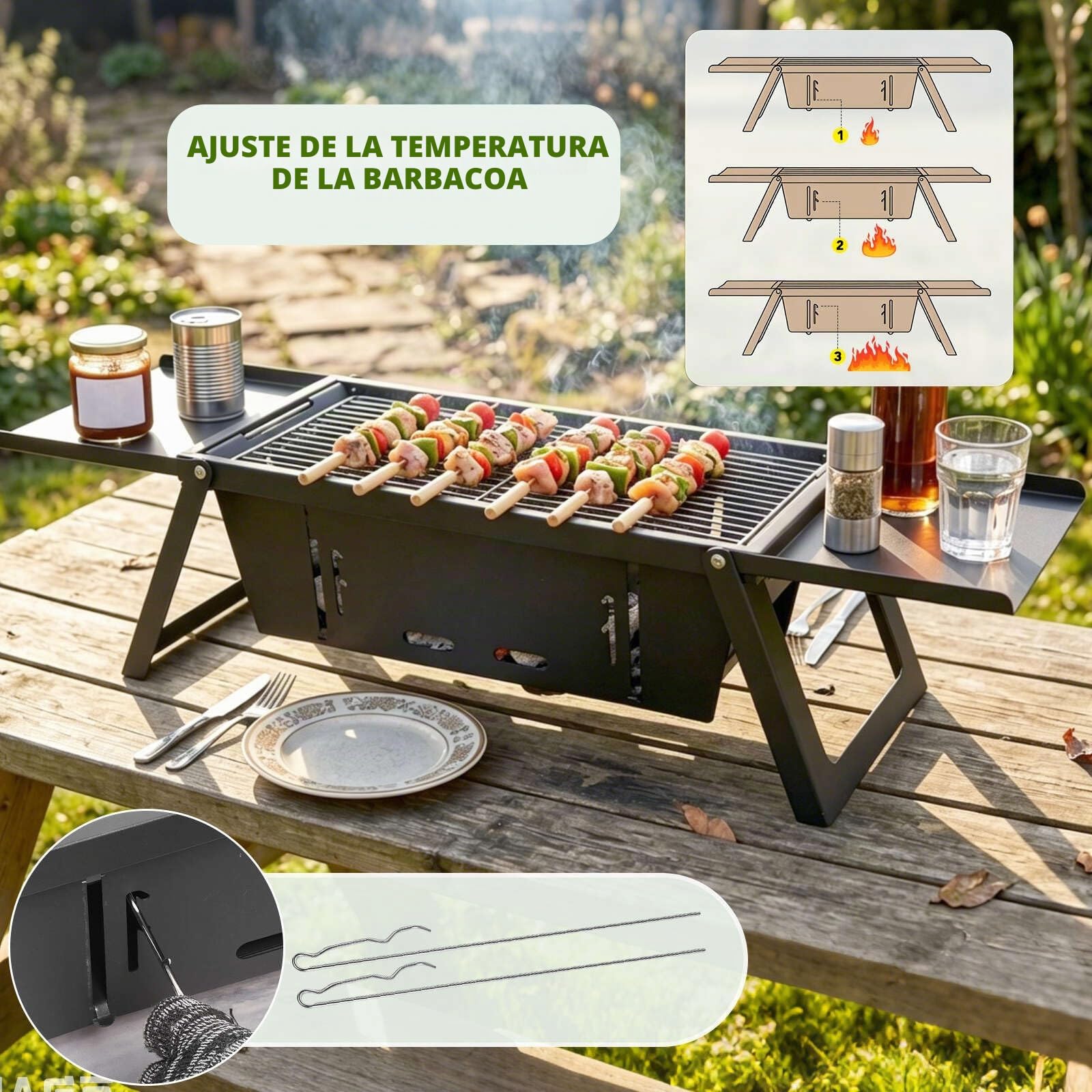 E EASTSTORM Parrilla plegable de carbón para barbacoa, control de calor de