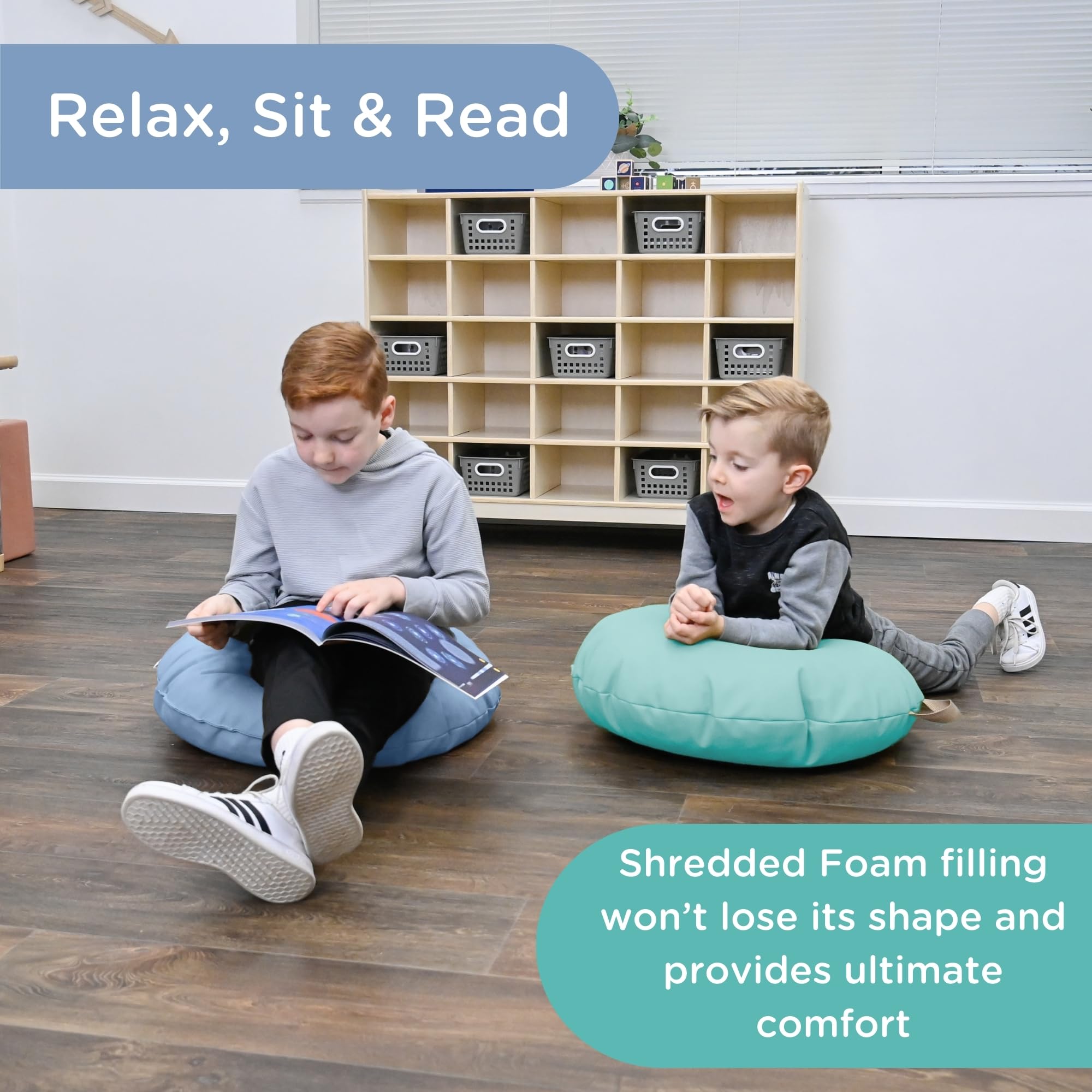 Children's Factory Mini Round Poufs Set Of 2 - 18x18 Inch Floor Cushions With Handles, Fog Blue & Sand