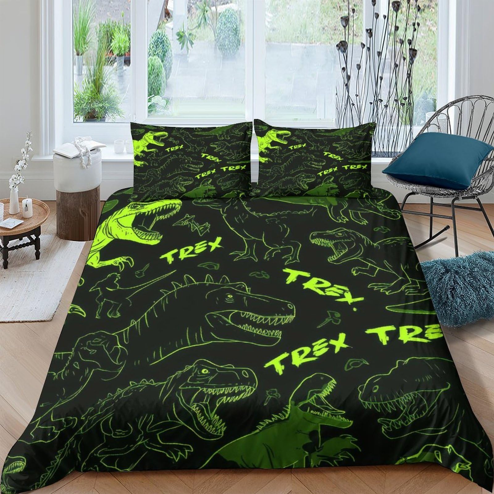 GPLZQXKJNH 3D Printed Green Dinosaur Pattern Duvet Cover Set Microfiber Soft Breathable Jurassic T Rex Bedding Set with 2 Pillowcases for Bedroom Decor Single（135x200cm）