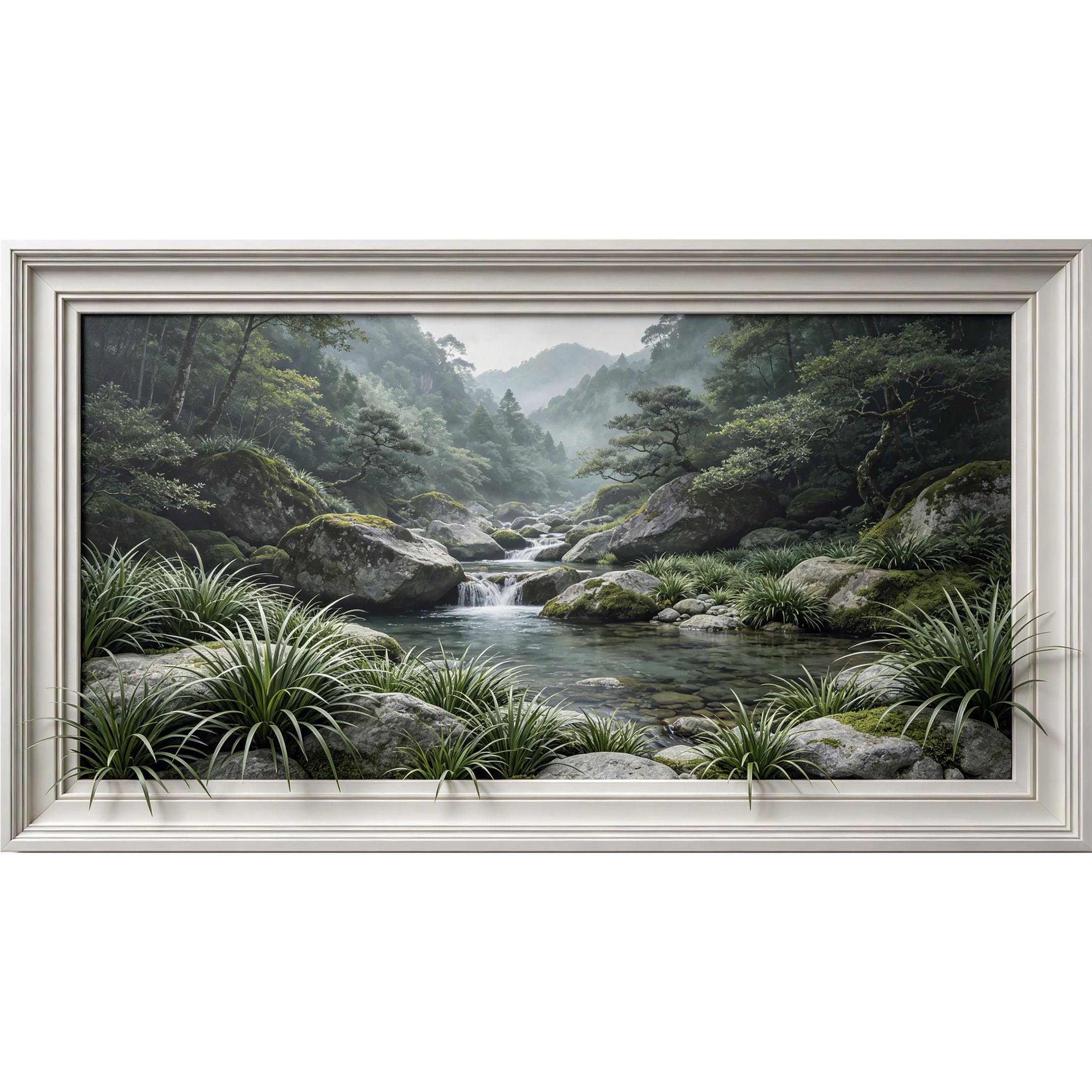 QZLITHOTIC 50×90cm3D Framed Wall Art， Misty Forest River Landscape Mossy Stone Natural Scenery SelfAdhesive Mural， WaterActivated Peel & Stick Fabric Decor Wall Decal for Bedroom Living Room