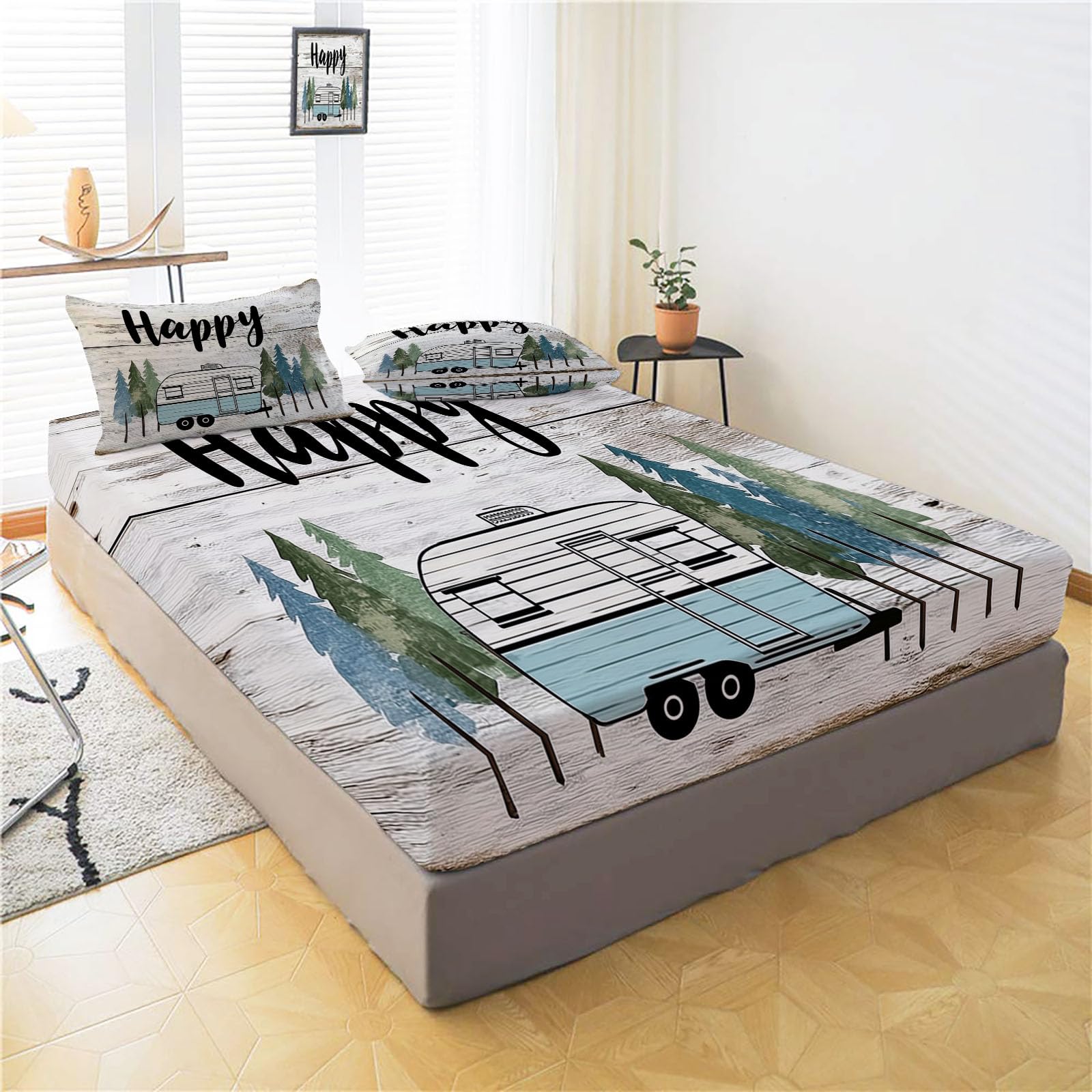 Bajera Ajustable Cama 200, Microfibra Poliéster Suave, Árboles para Caravanas Sábana Encimera Estampada Vintage, Bajera para Colchón 30cm, Fundas Almohada 50x75cm, Blanquecino