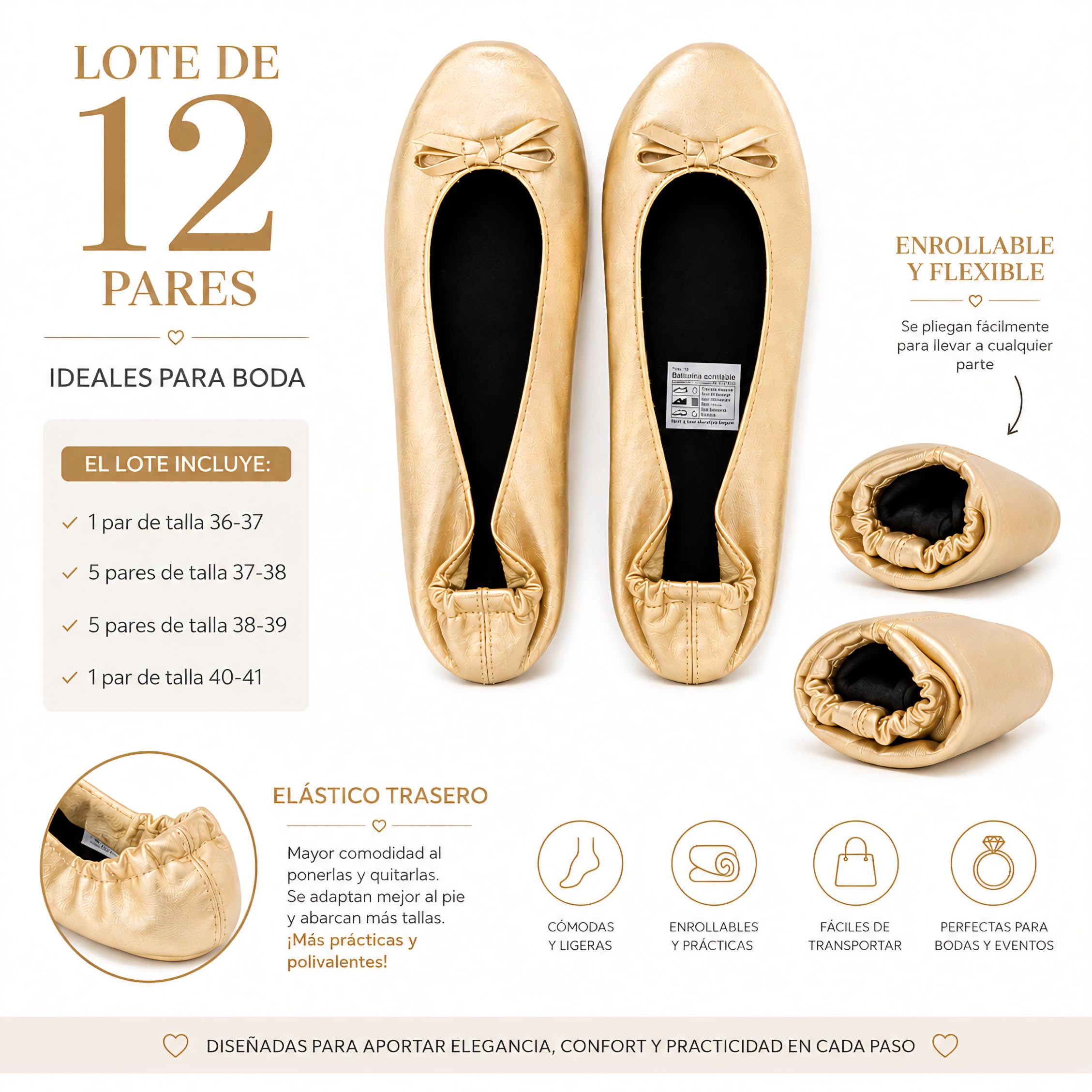 Genérico 12 Pares Manoletinas Plegables Color Beige Oro | Ideales para Boda