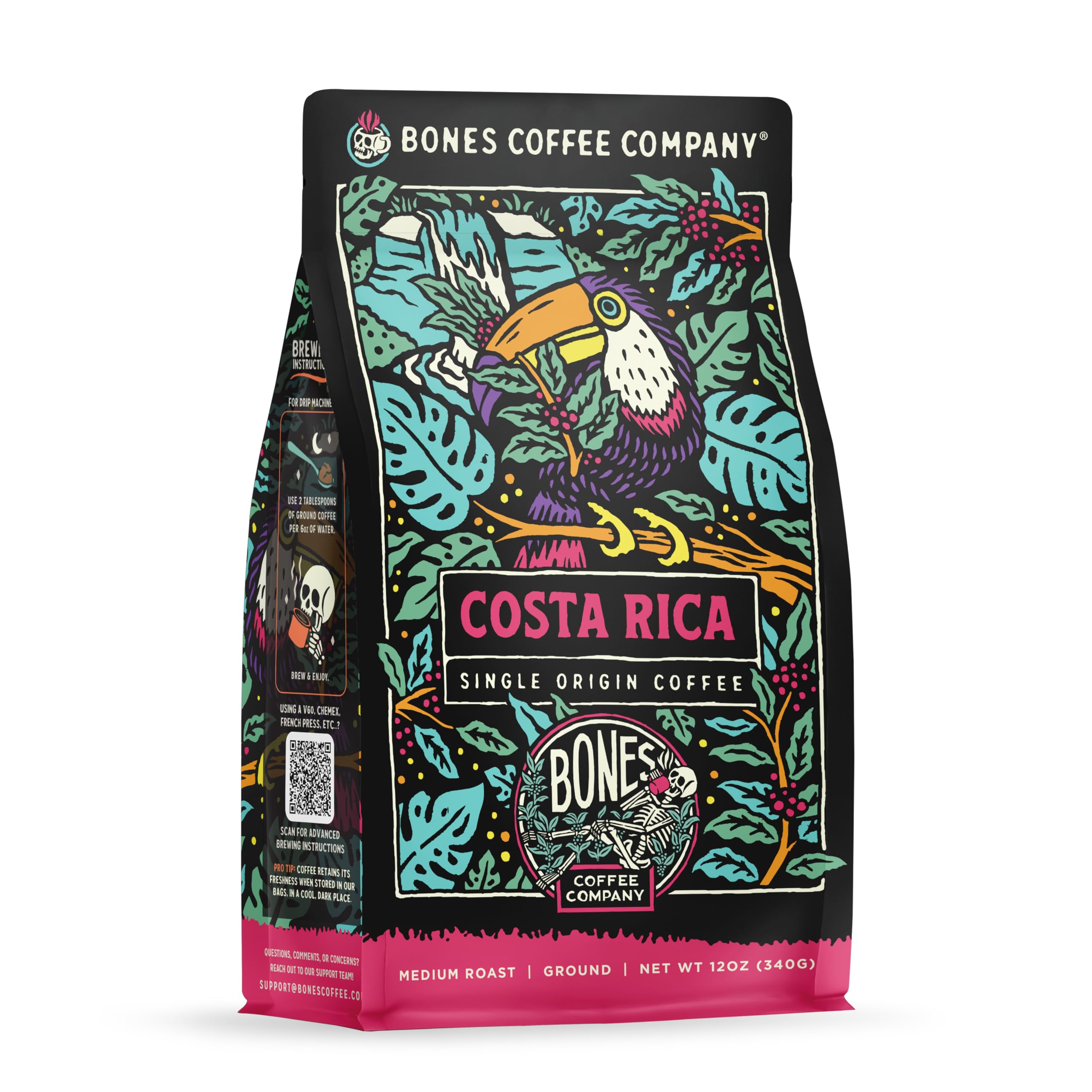 Bones Coffee Company Costa Rica Single-Origin, Cocoa, Nutty and Milk Chocolate Notes, Ground Coffee Beans, Low Acid Medium Roast Arabica Beans Flavored Coffee for Auto drip Coffee Maker, 12 oz Ground