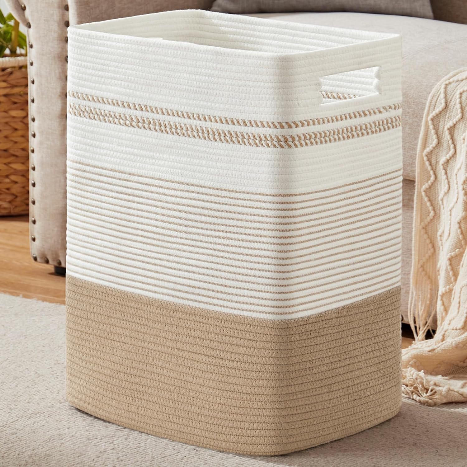 Laundry Hamper, Large Woven Rope Tall Laundry Basket with Handles, 22" X 17" X 13", Decorative Storage Basket for Clothes and Blankets in Living room, Bedroom, Jute & White Jute & White 80L