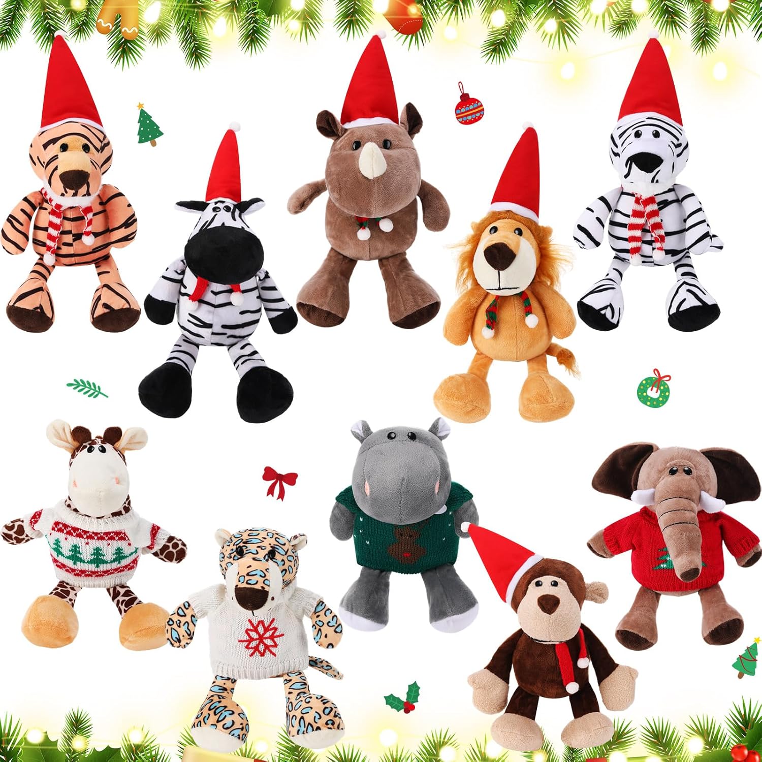 HyDren 10 Pieces 9 Inches Safari Stuffed Animals Set and Elephant Giraffe Lion Tiger Monkey Rhinoceros Zebra Leopard Hippo for Shower Jungle Animal(Christmas)