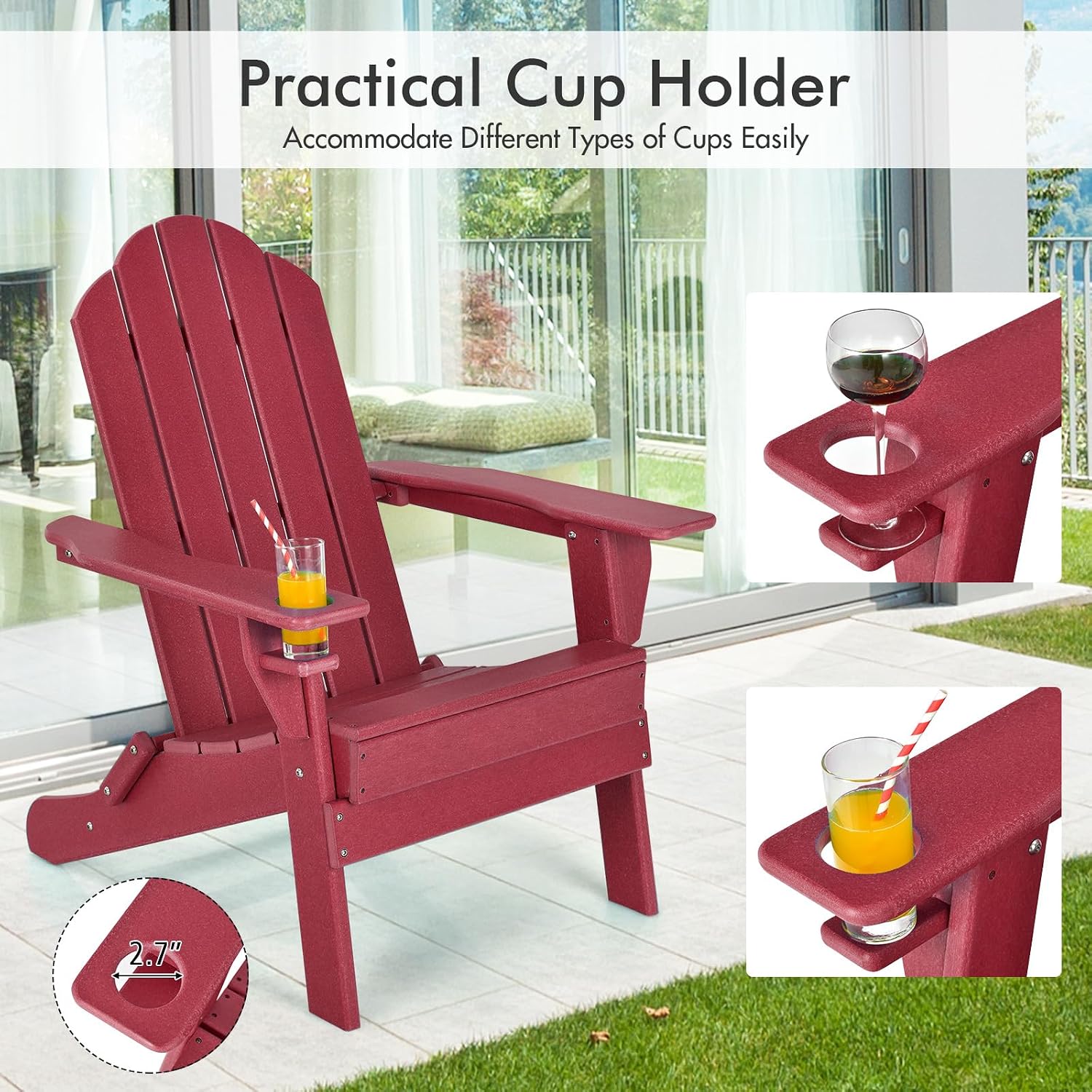Giantex Adirondack Chair, Outdoor Folding Chairs, HDPE Weather Resistant Patio Chair with Built-in Cup Holder, Lawn Chair for Yard, Balcony, Deck, Outside, Campfire, Plastic Fire Pit Chair (1, Red)