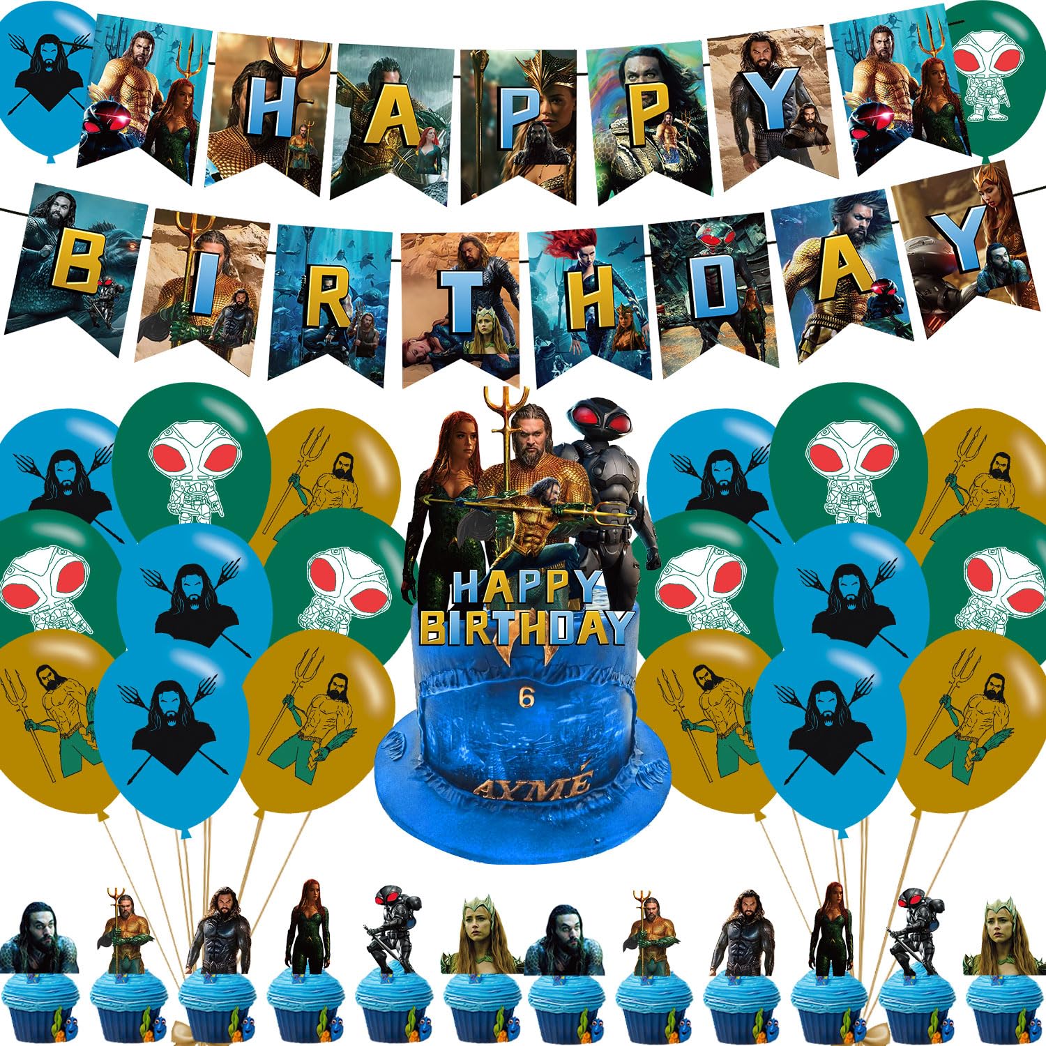 Aquaman Birthday Decorations,Lost Kingdom Birthday Party Supplies Include Balloons,Banner, Cake Topper, Cupcake Topper