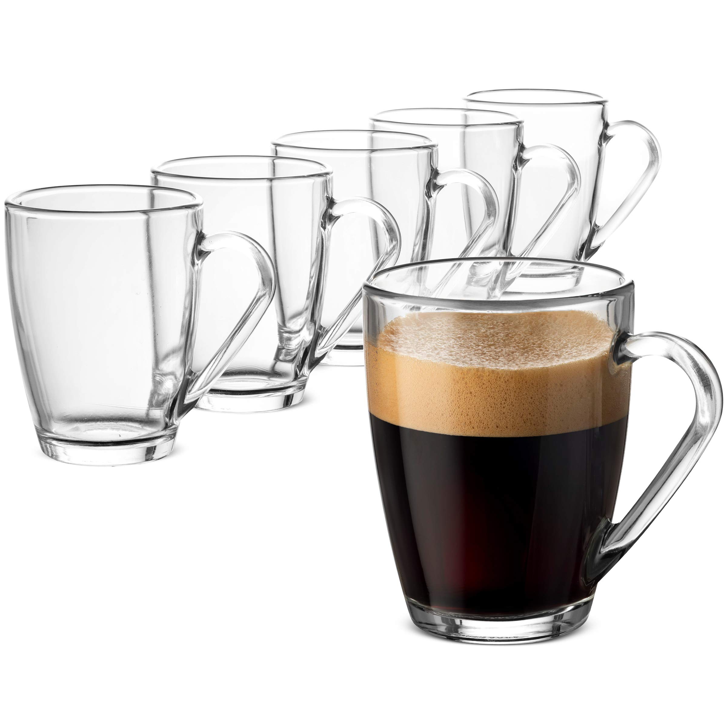 Bormioli RoccoGlass Coffee Mug Set, (6 Pack) 10¾ Ounce with Convenient Handle, Tea Glasses for Hot/Cold Beverages, Thermal Shock Resistant, Tempered Glass, for Cappuccino, Latte, Espresso, clear.