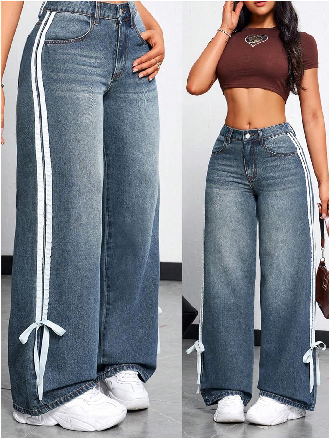 MakeMeChic Women's Straight Wide Leg Denim Pants Striped Bow Rise Jeans with Pocket Y2K Streetwear - Image 5