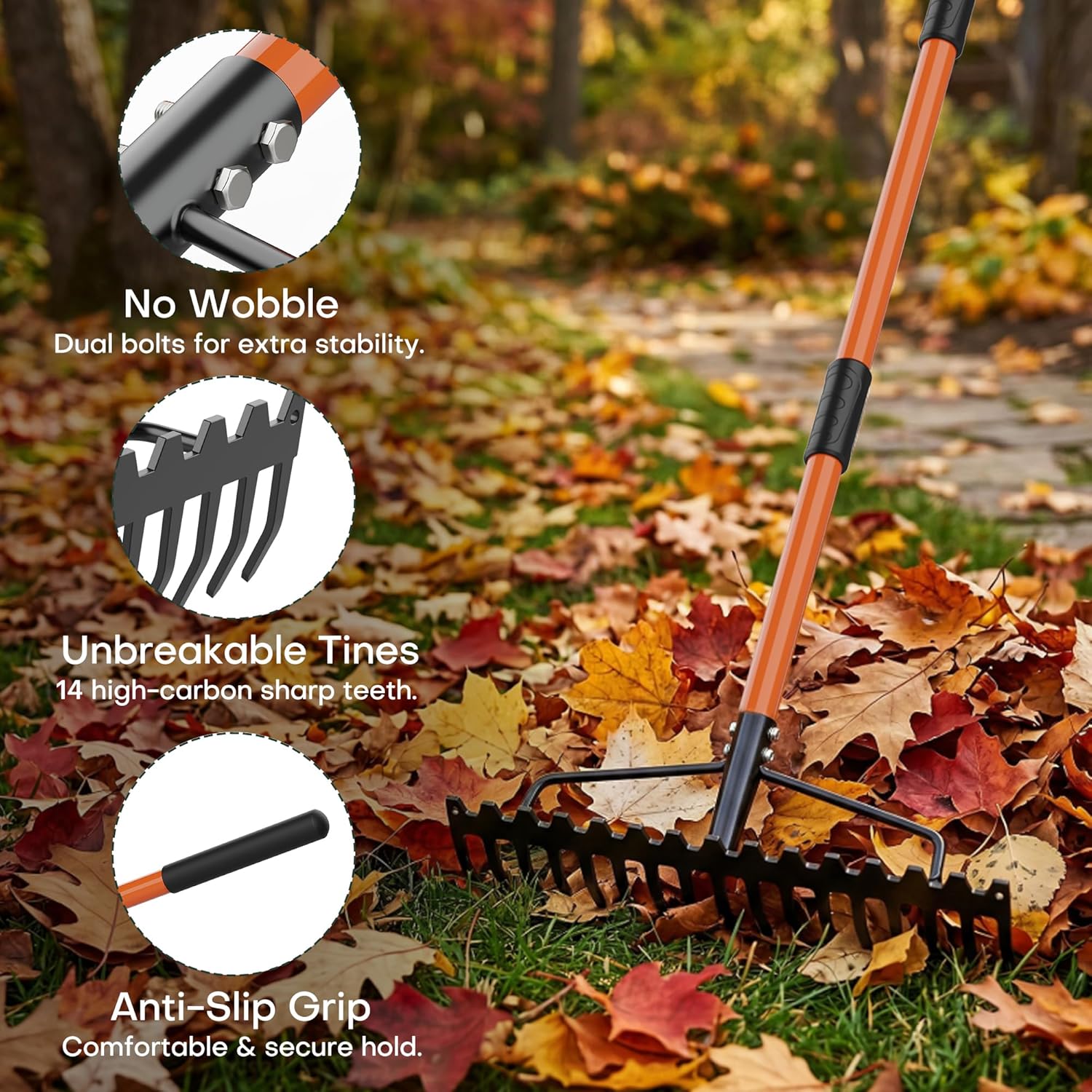 63" Heavy Duty Bow Rake with 17-Tine Metal Rake Head and Adjustable Handle, 17" Wide Steel Garden Rake for Lawn Care, Soil Loosening, Gravel & Rock Leveling, Leaf and Mulch Cleanup